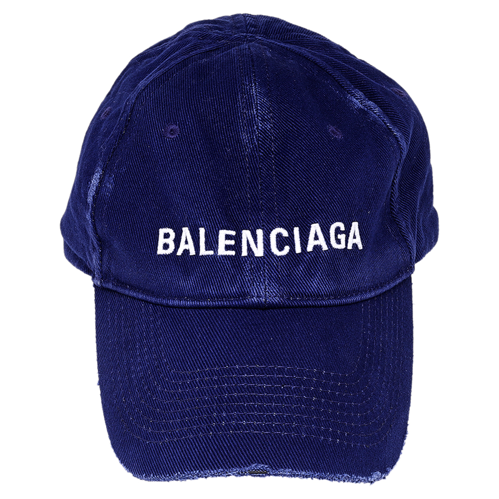 

Balenciaga Blue Cotton Logo Embroidered Distressed Baseball Cap