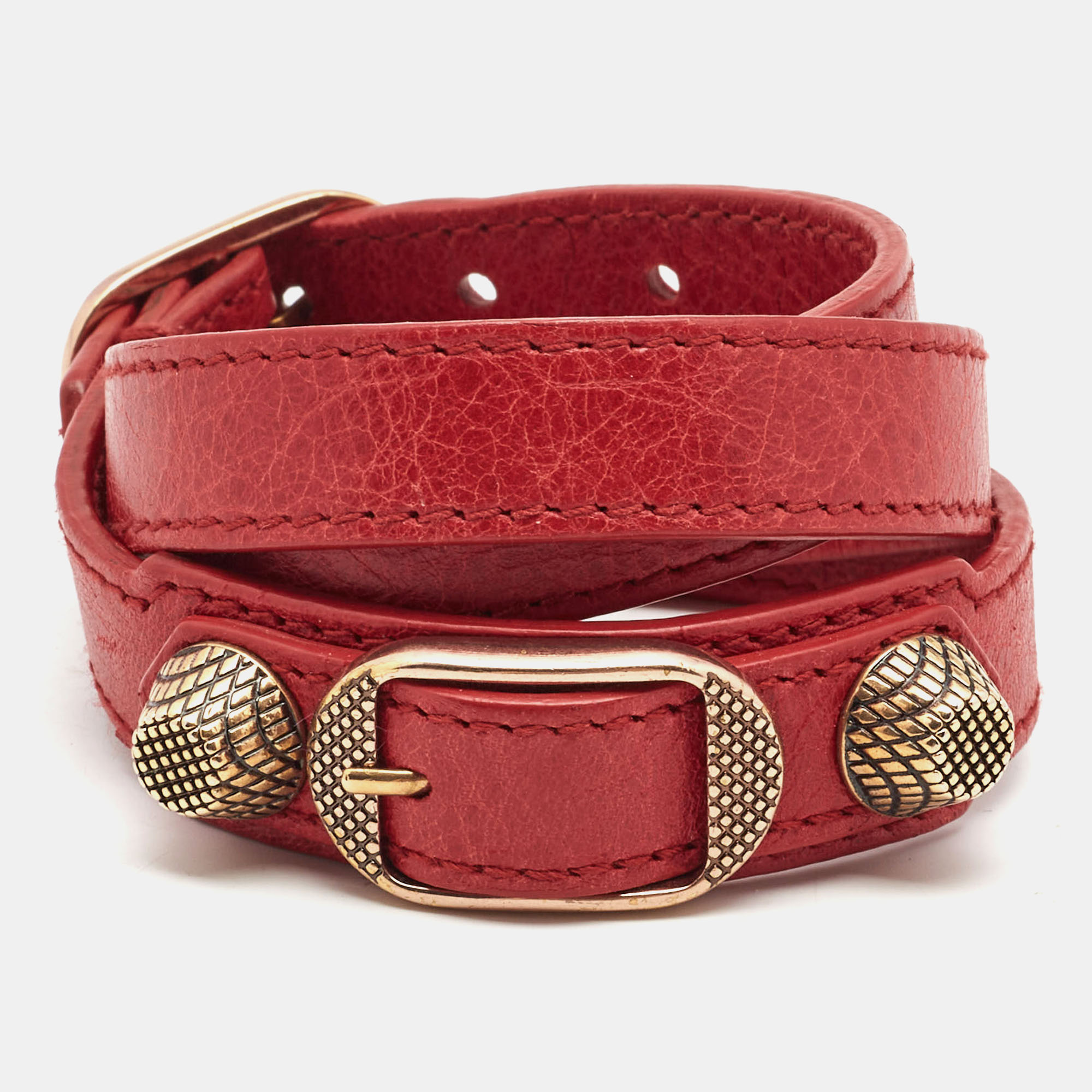 Pre-owned Balenciaga Giant Red Leather Studded Triple Tour Bracelet M