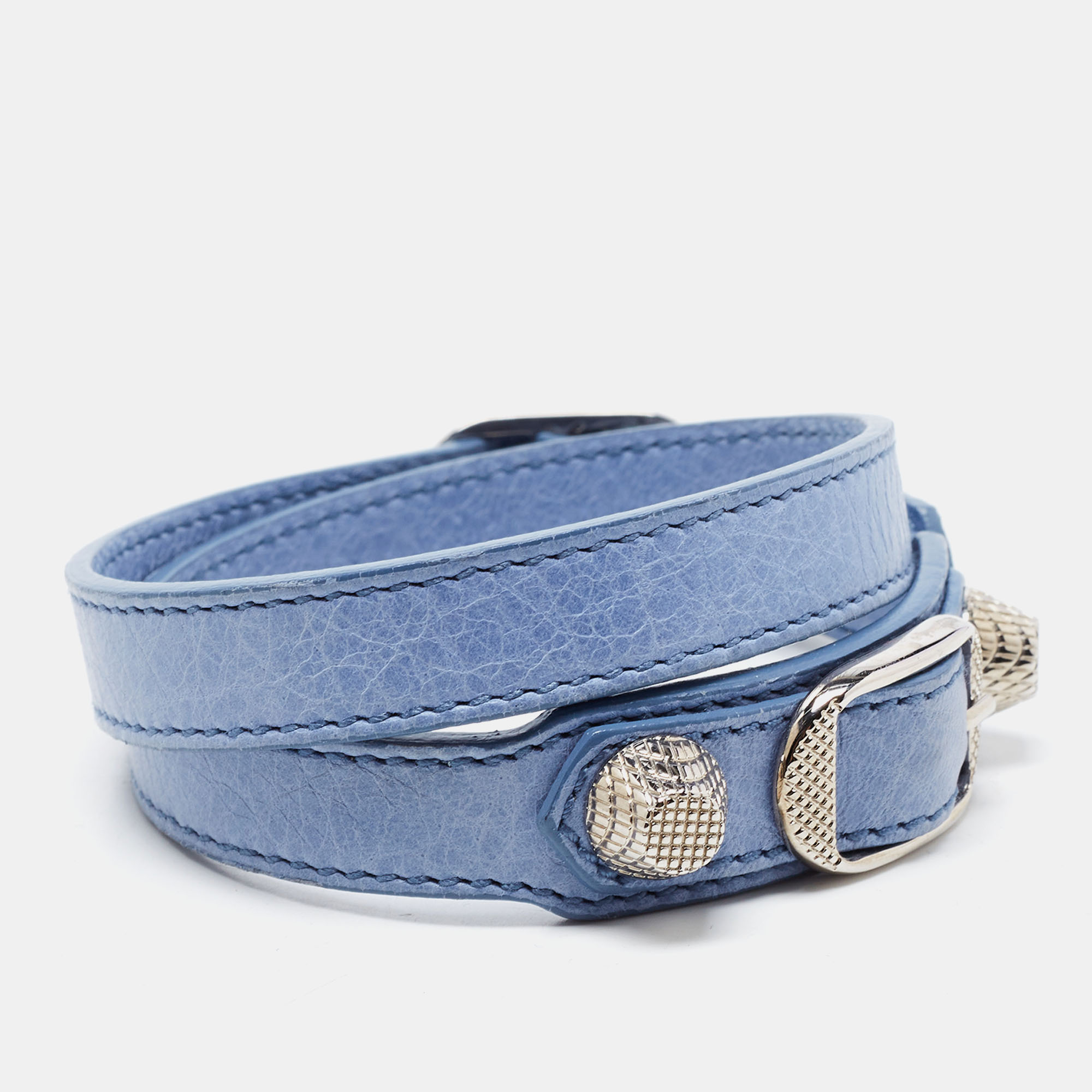 

Balenciaga Arena Blue Leather Silver Tone Wrap Bracelet