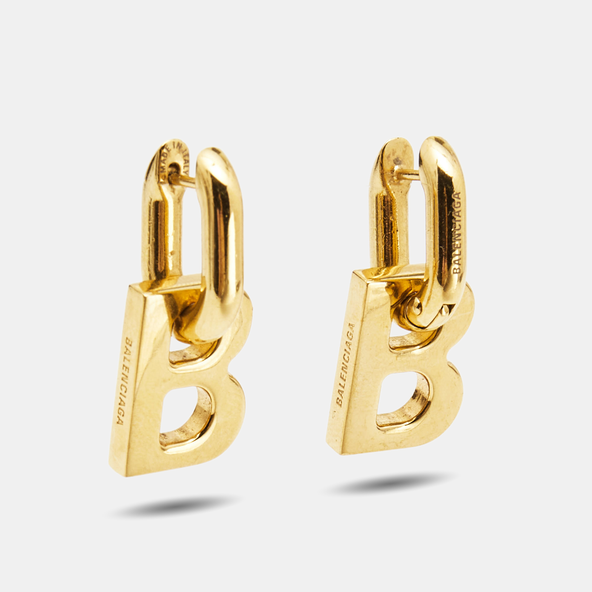 

Balenciaga B Logo Gold Tone Drop Earrings