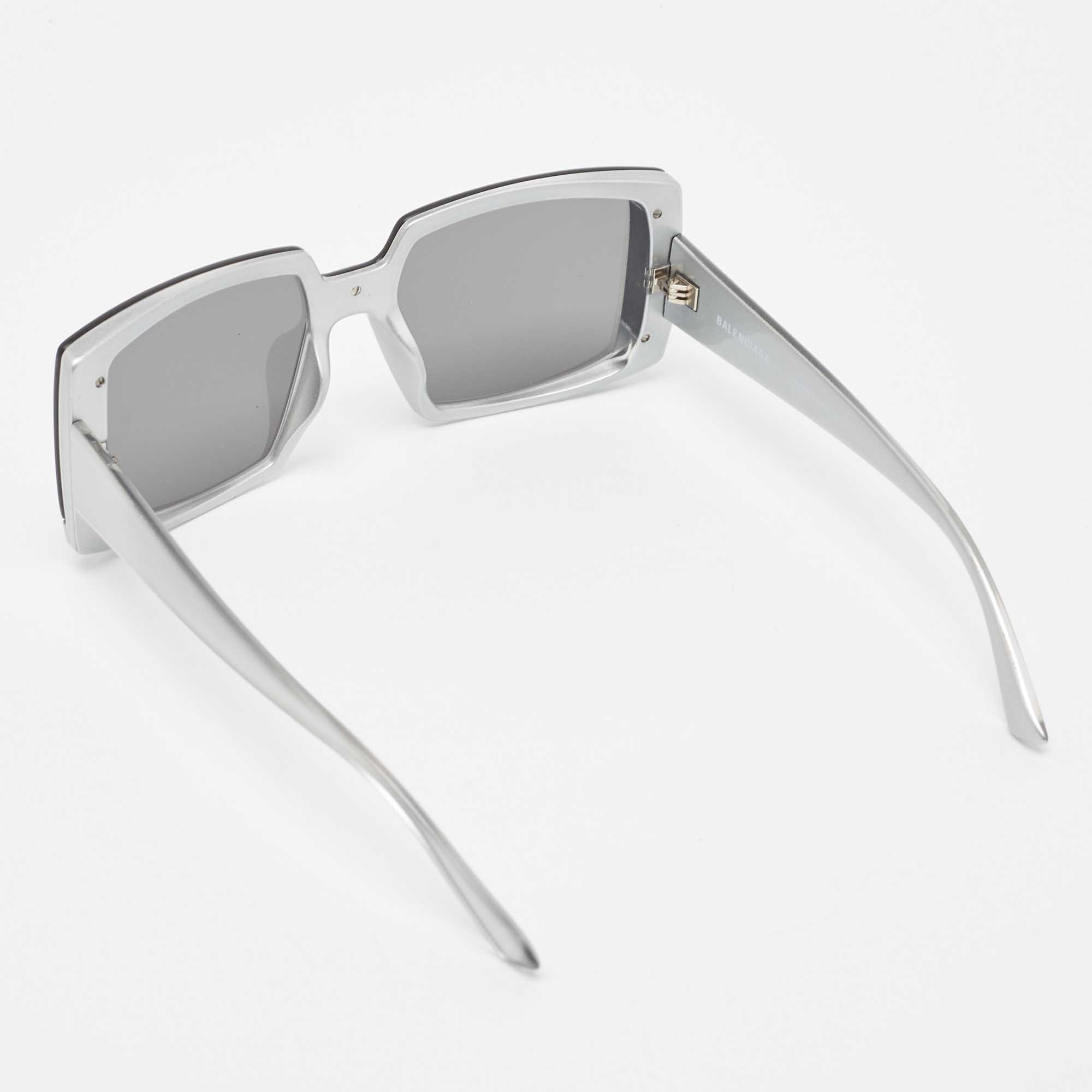 

Balenciaga Silver/Black Mirrored BB0081S Squared Sunglasses