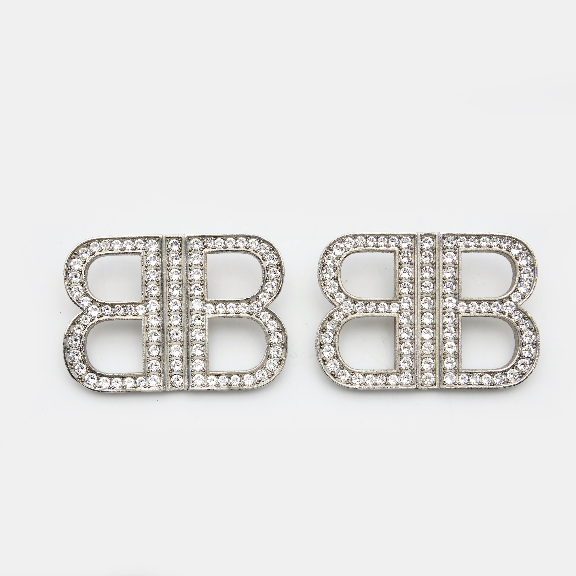 Pre-owned Balenciaga Bb Crystals Silver Tone Earrings