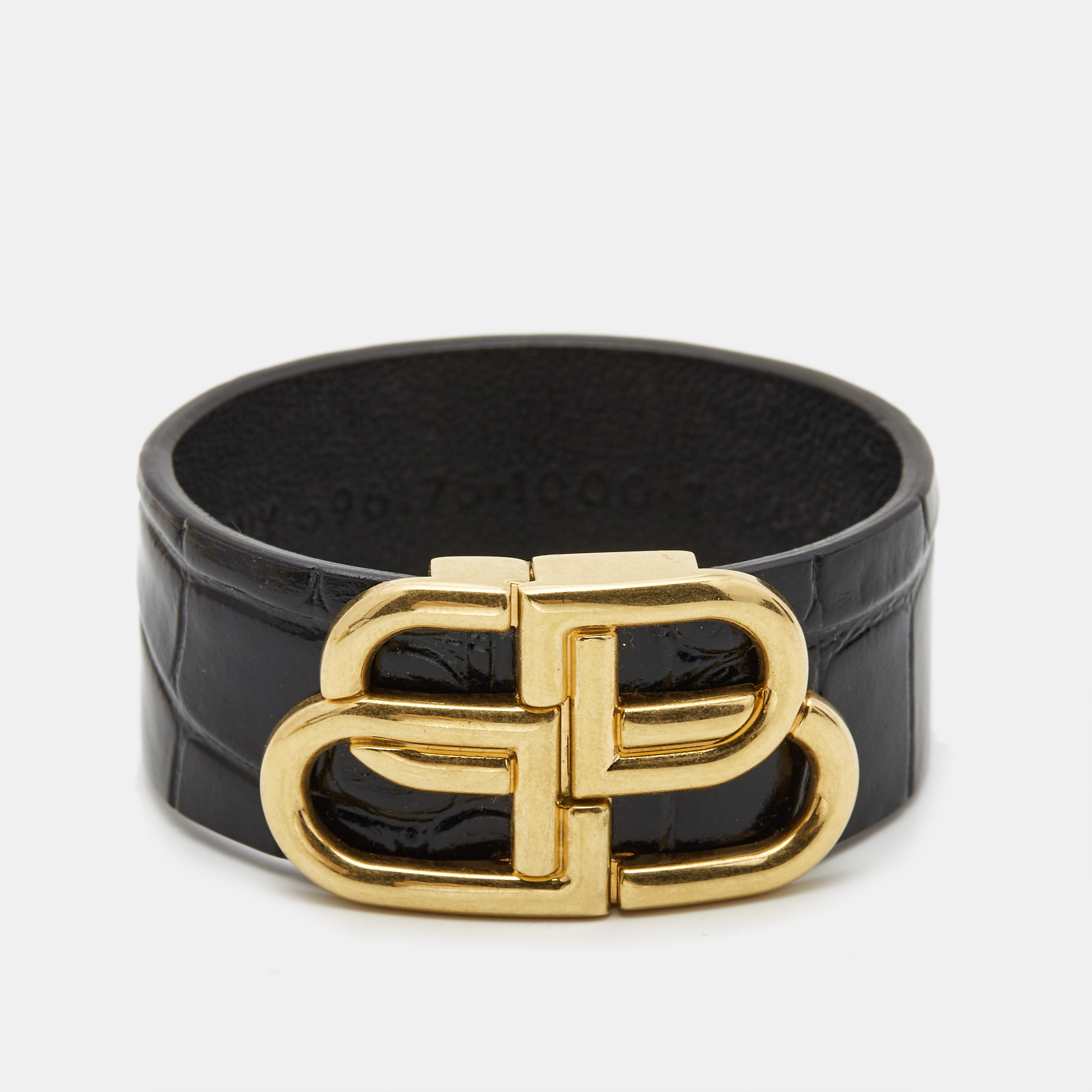 Pre-owned Balenciaga Logo Leather Gold Tone Bracelet M