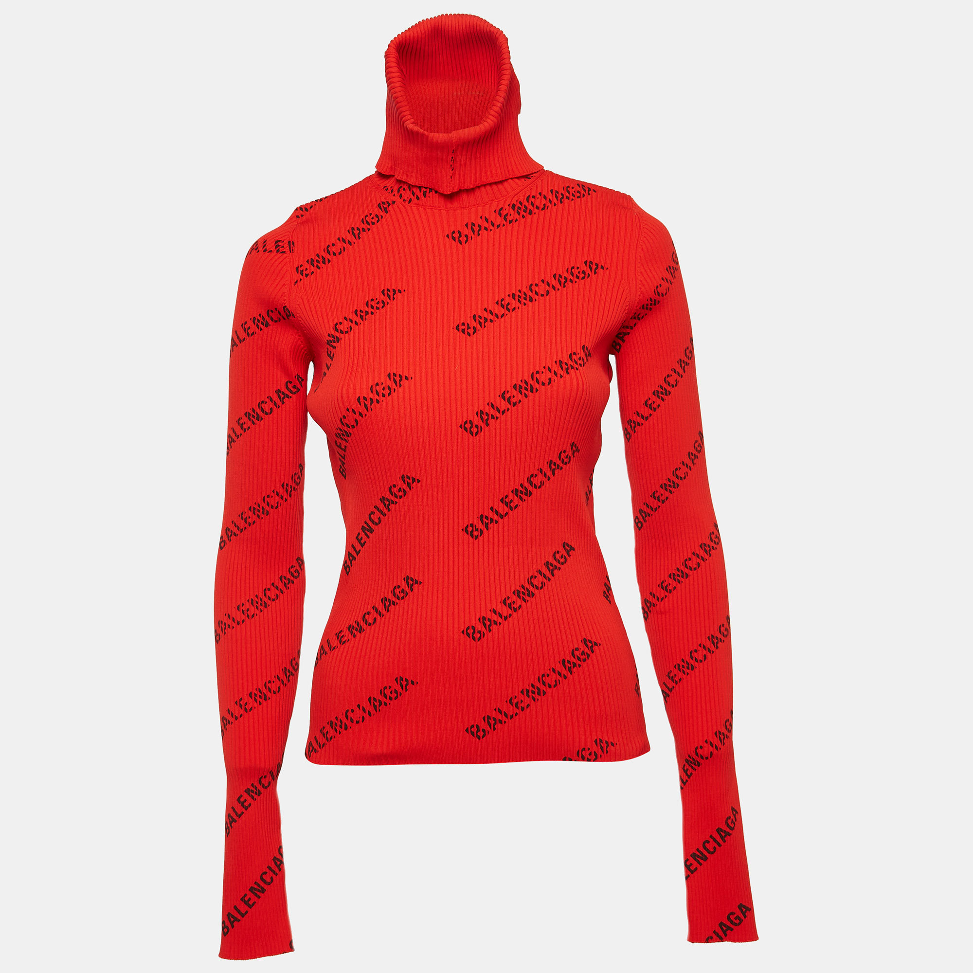 

Balenciaga Red Logo Print Rib Knit Turtleneck Sweater M