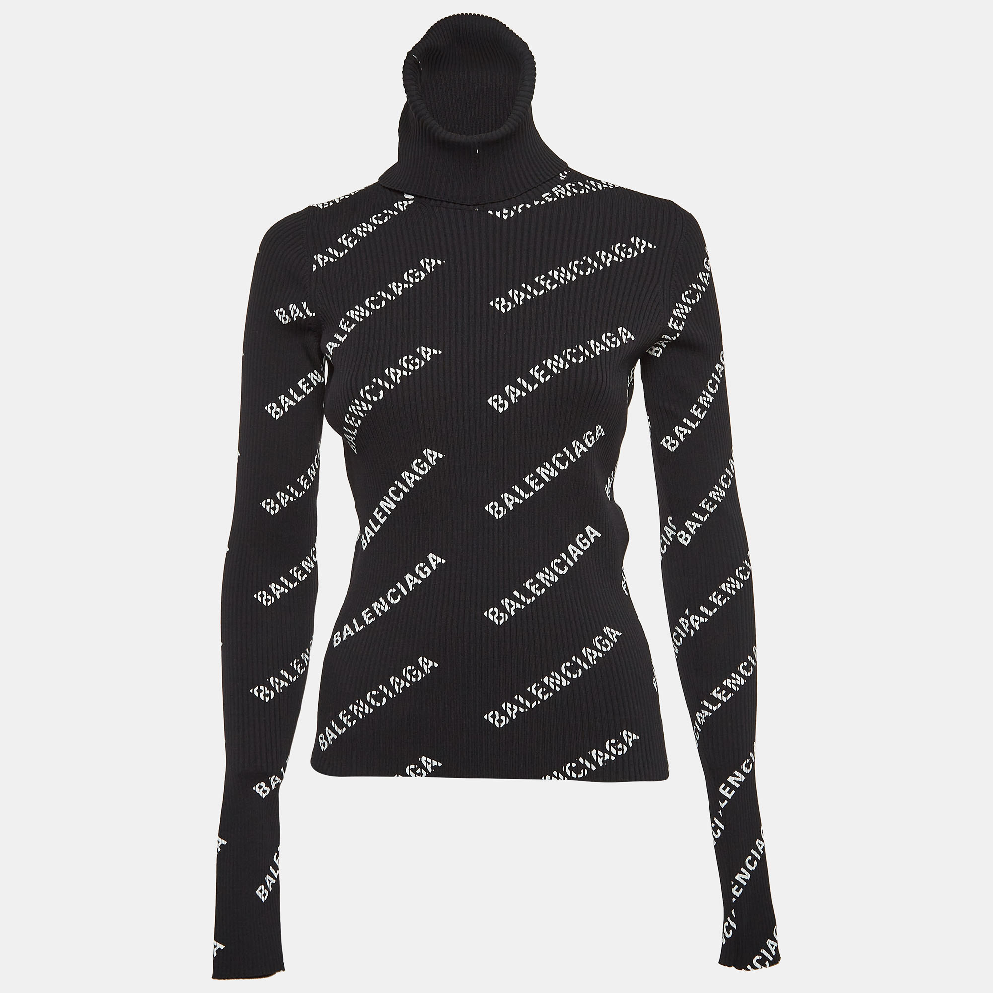 

Balenciaga Black Logo Print Rib Knit Turtleneck Sweater M