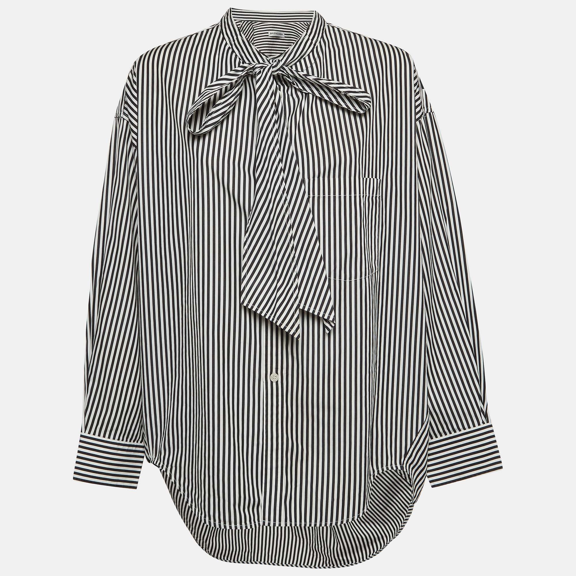 

Balenciaga Black/White Striped Cotton Neck Tie Oversized Shirt