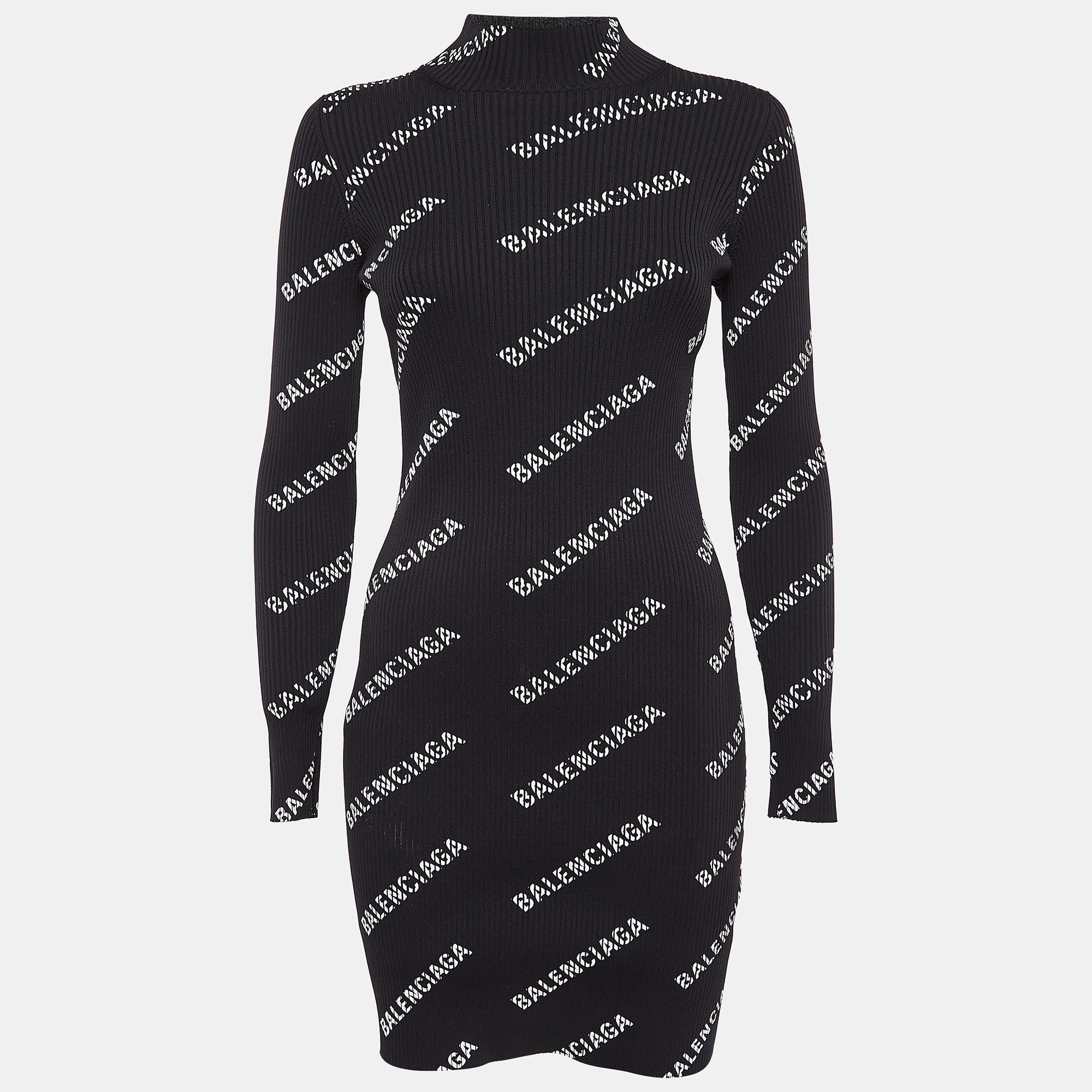 

Balenciaga Black Logo Print Rib Knit Bodycon Dress M