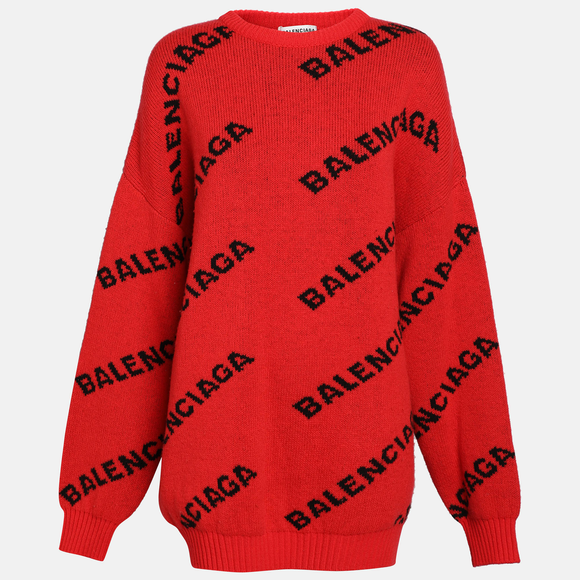 

Balenciaga Red All Over Logo Intarsia Wool Knit Oversized Sweater L