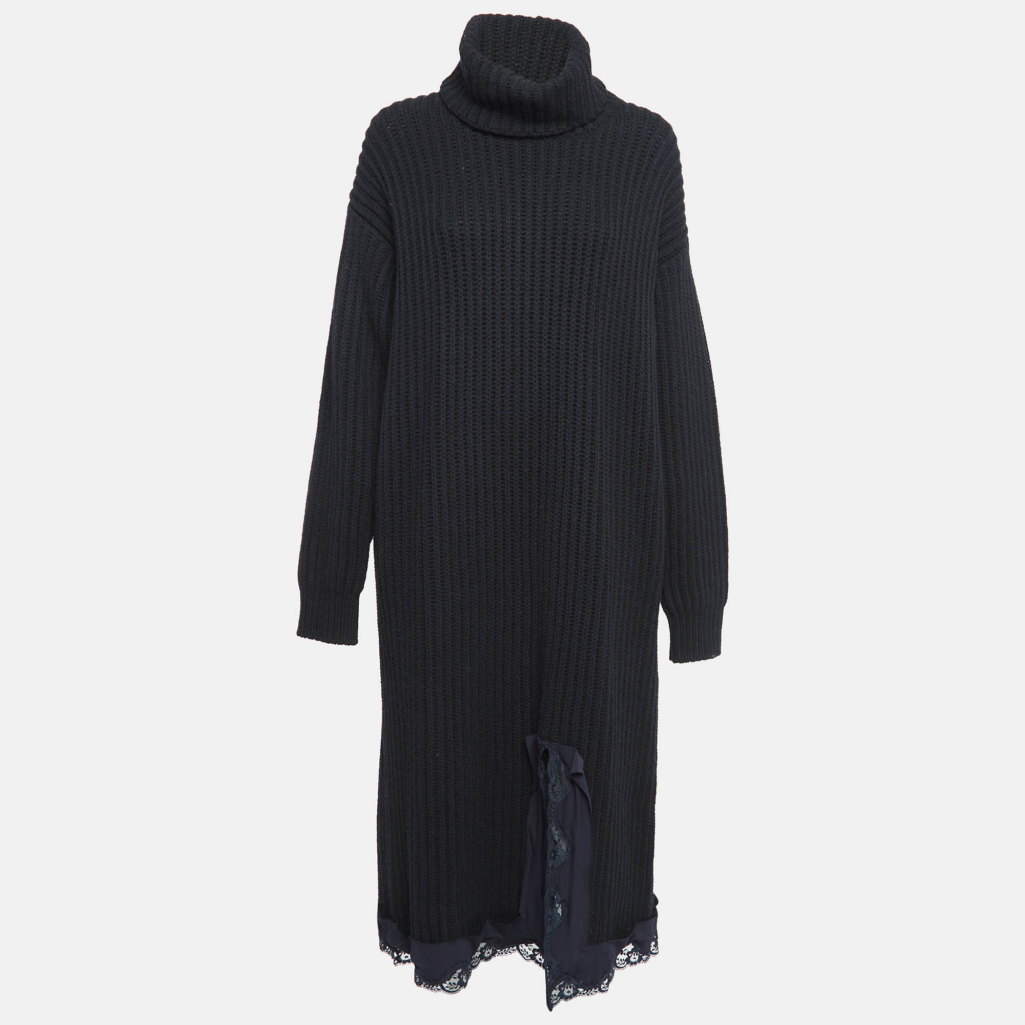 

Balenciaga Black Rib Knit Wool Turtle Neck Midi Dress S