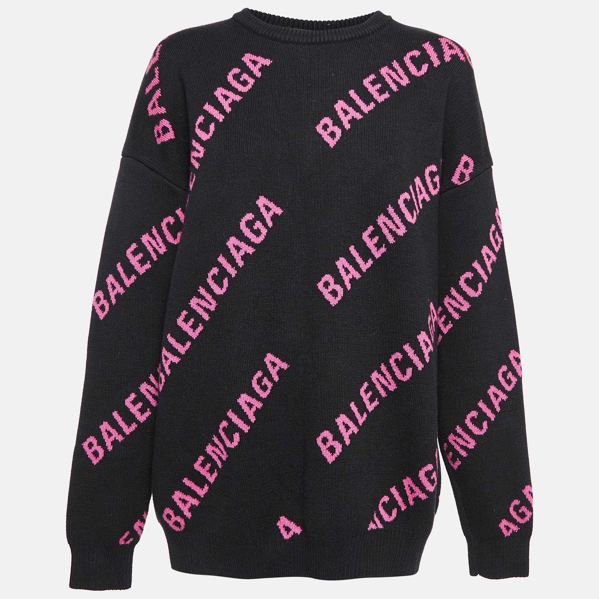 Pre-owned Balenciaga Black Monogram Patterned Cotton & Wool Blend Knit Sweatshirt M