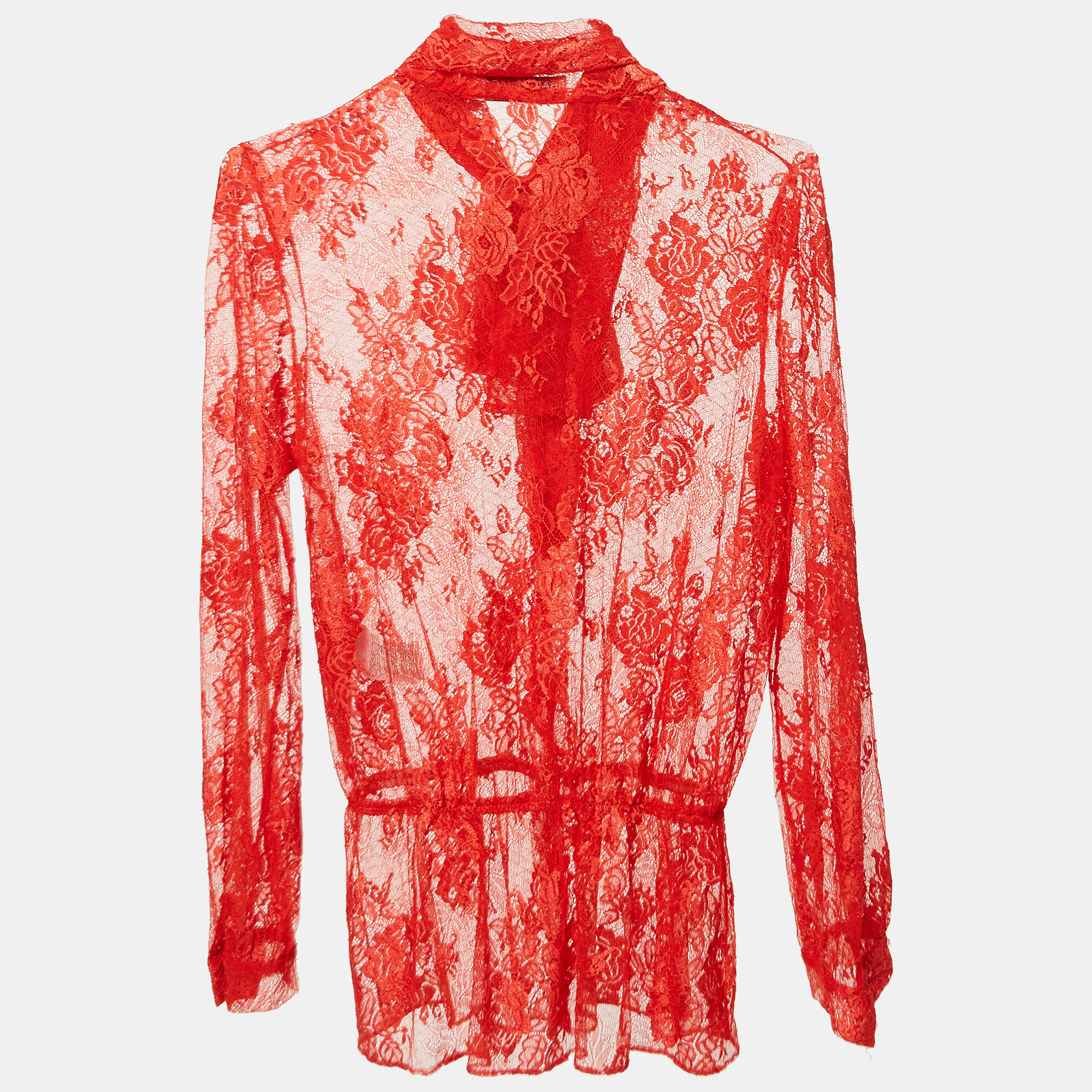 Balenciaga Red Sheer Lace Neck Tie-Up Top M 