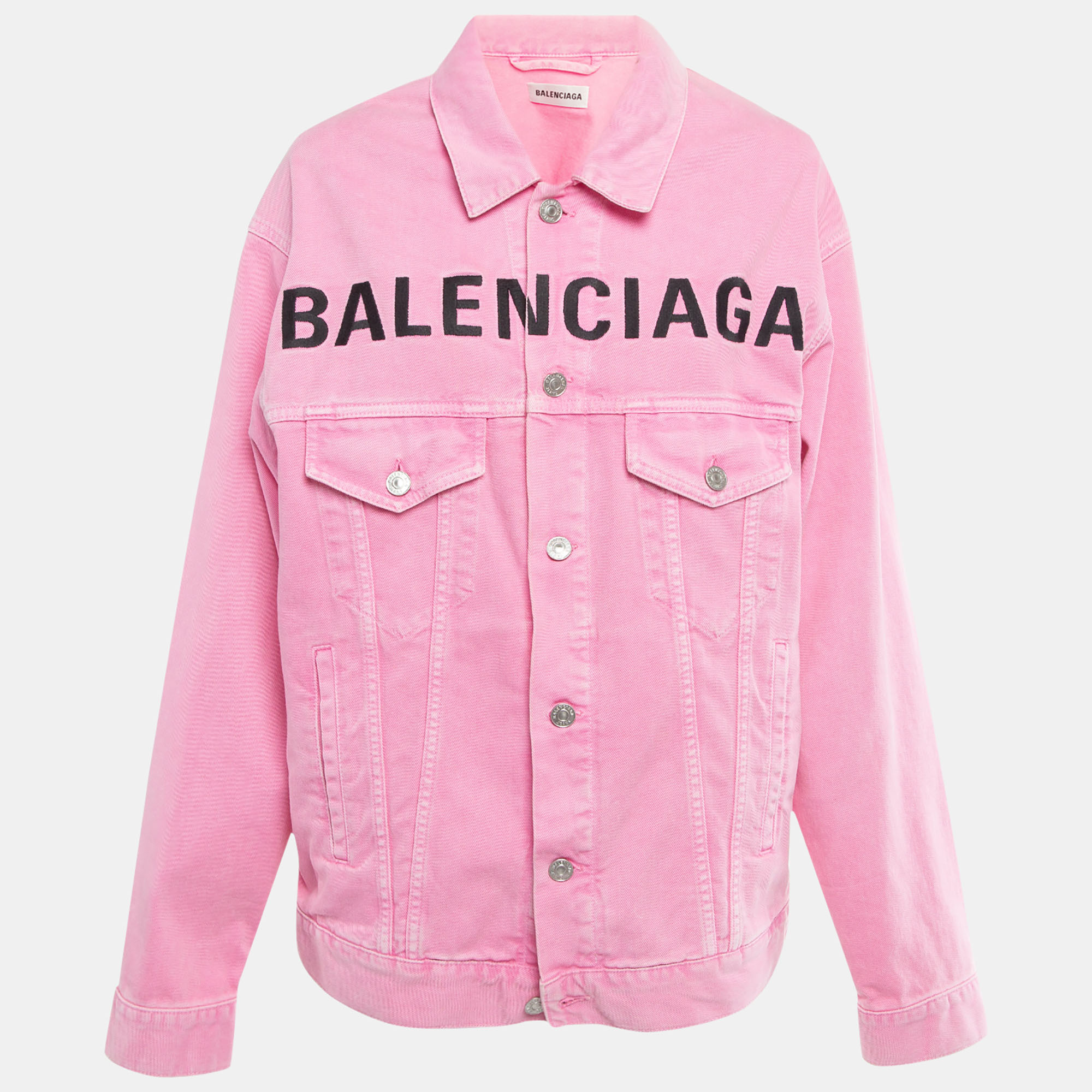 

Balenciaga Pink Embroidered Denim Button Front Oversize Jacket S