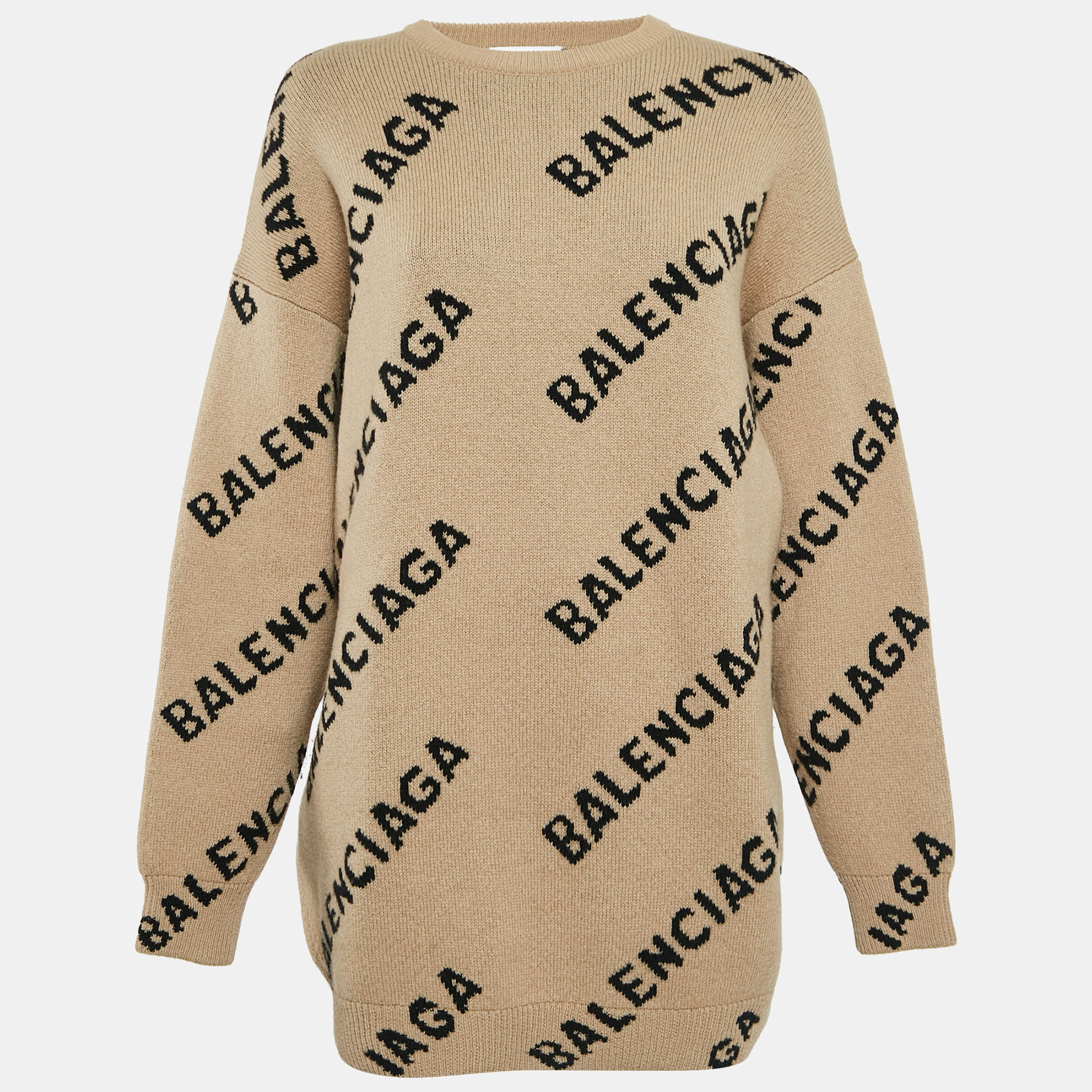 

Balenciaga Caramel Brown Allover Logo Wool Oversized Sweater M, Beige