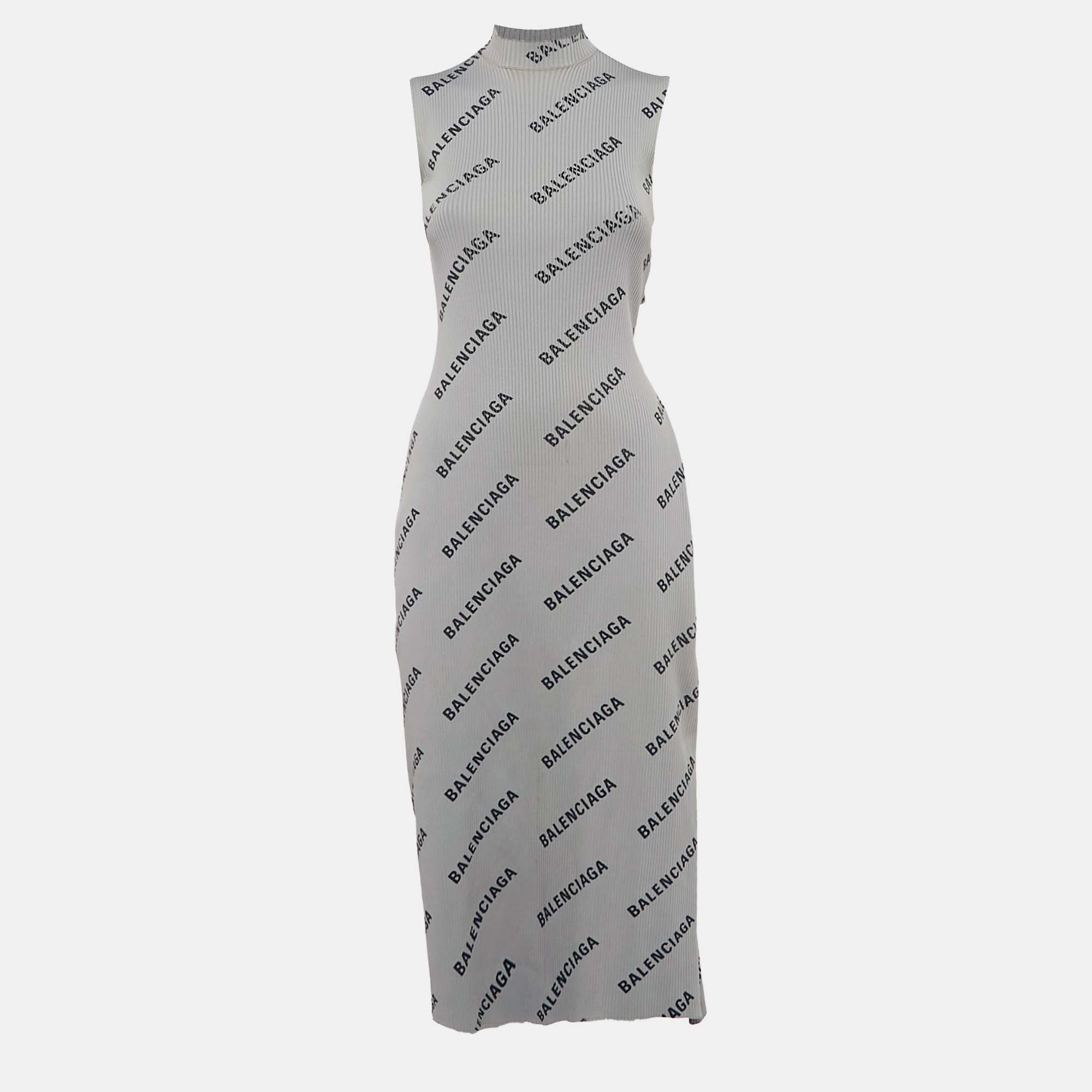 

Balenciaga Allover Logo Rib Knit Wrap Midi Dress S, Grey