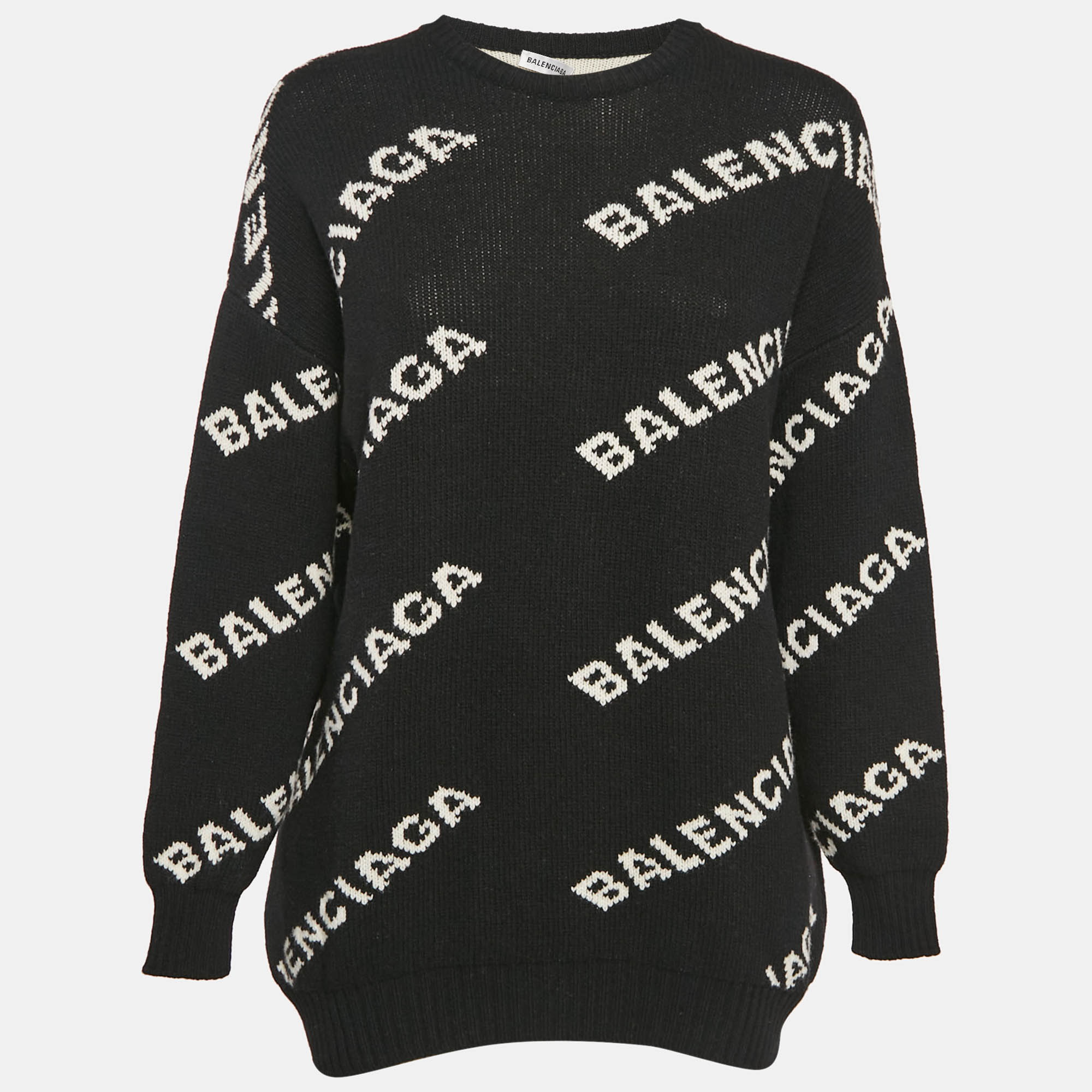 

Balenciaga Black Logo All Over Wool Rib Knit Sweater S