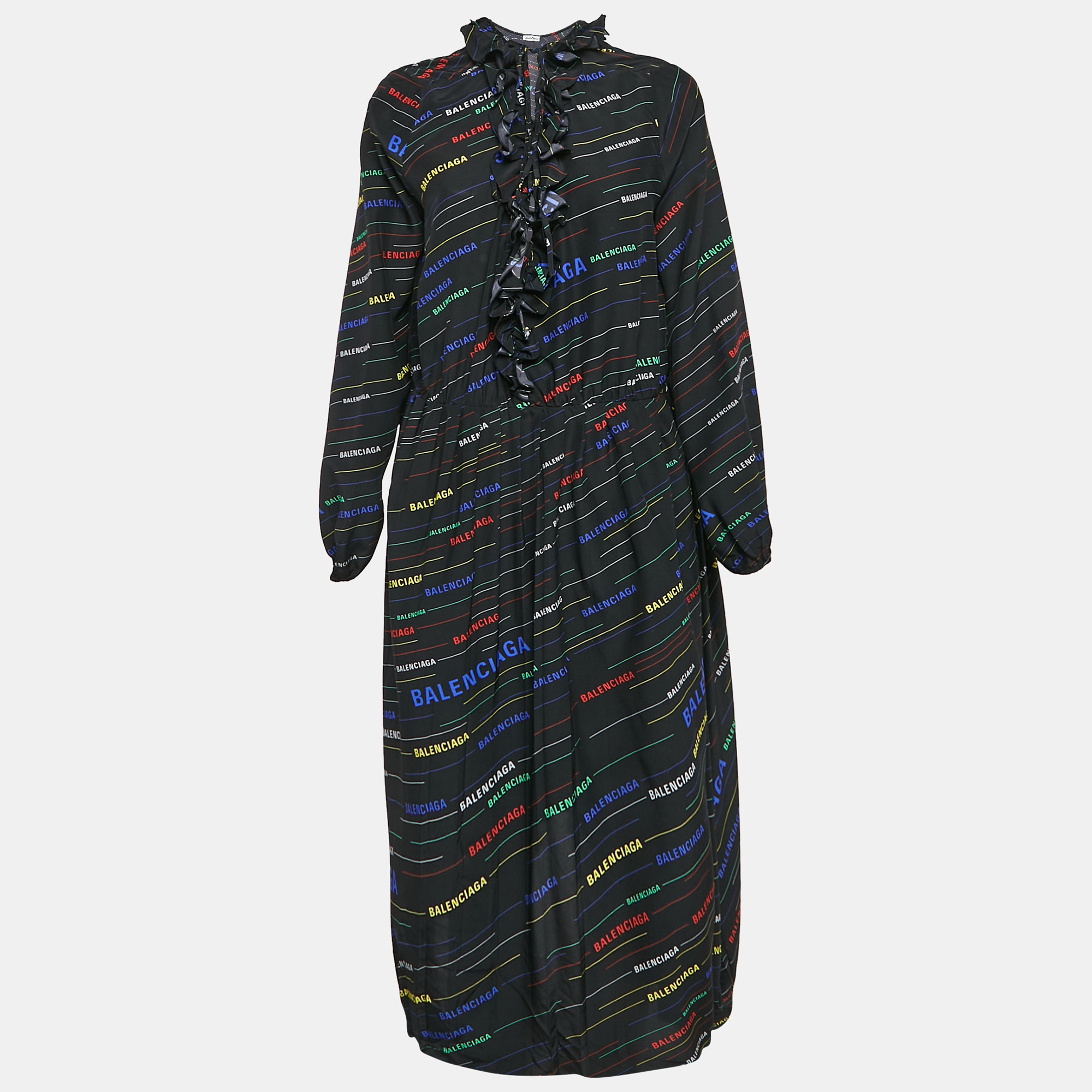 

Balenciaga Black Stripe Logo All Over Print Silk Ruffled Midi Dress S