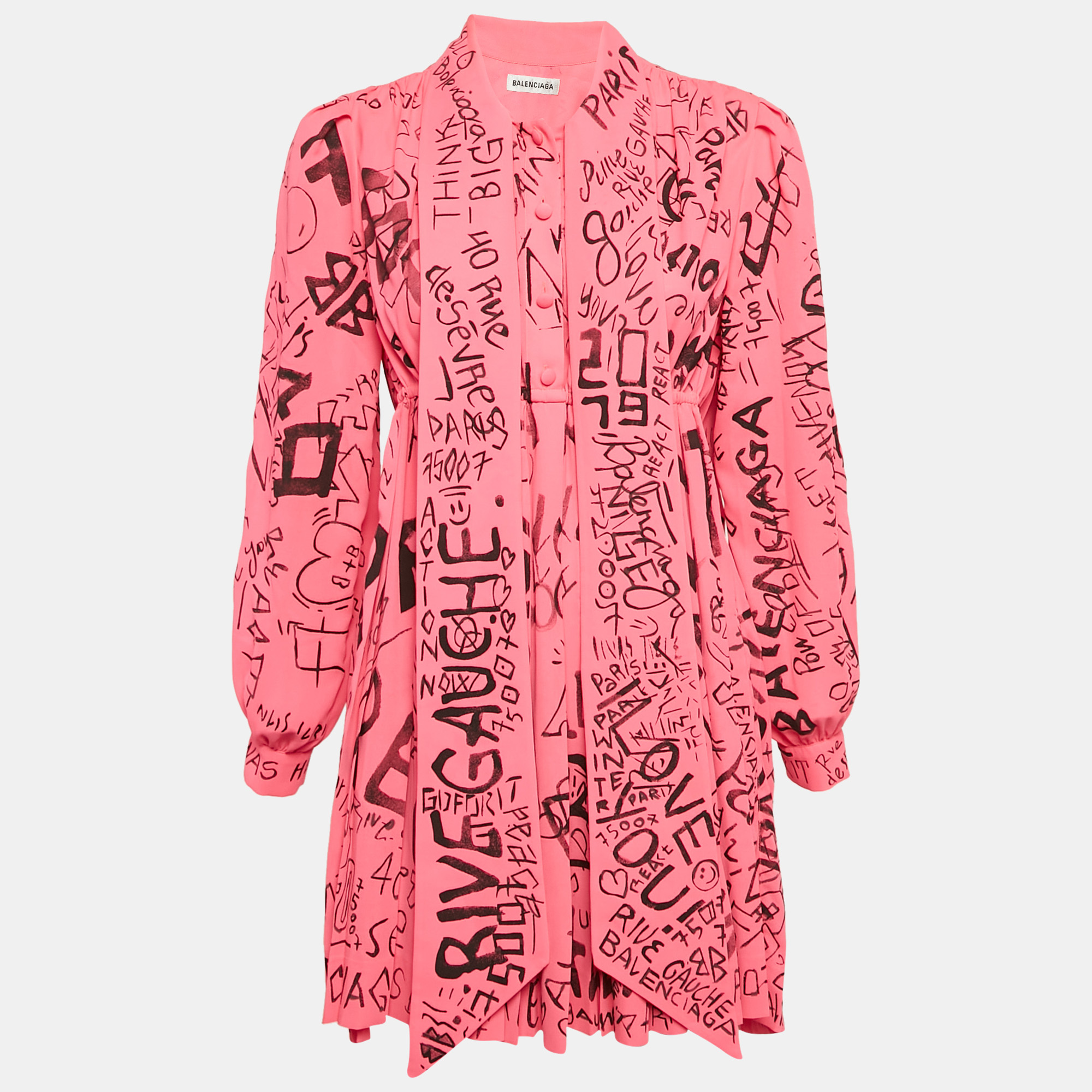 

Balenciaga Fluorescent Pink Graffiti Print Chiffon Pleated Mini Dress S