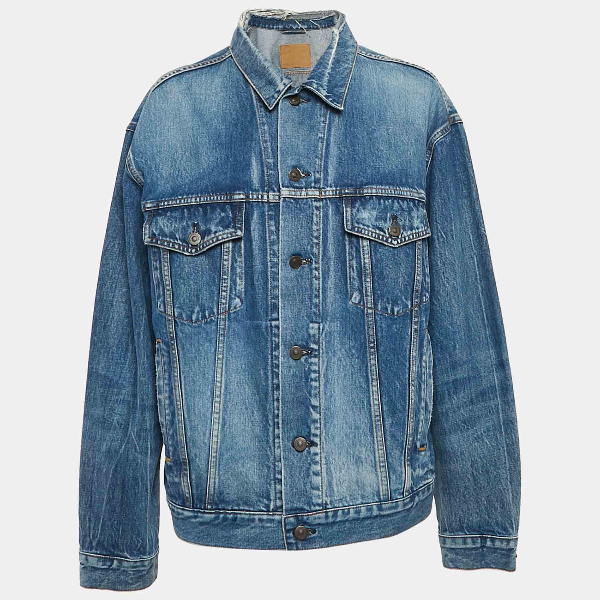 

Balenciaga Blue Logo Print Ripped Collar Denim Oversized Jacket M