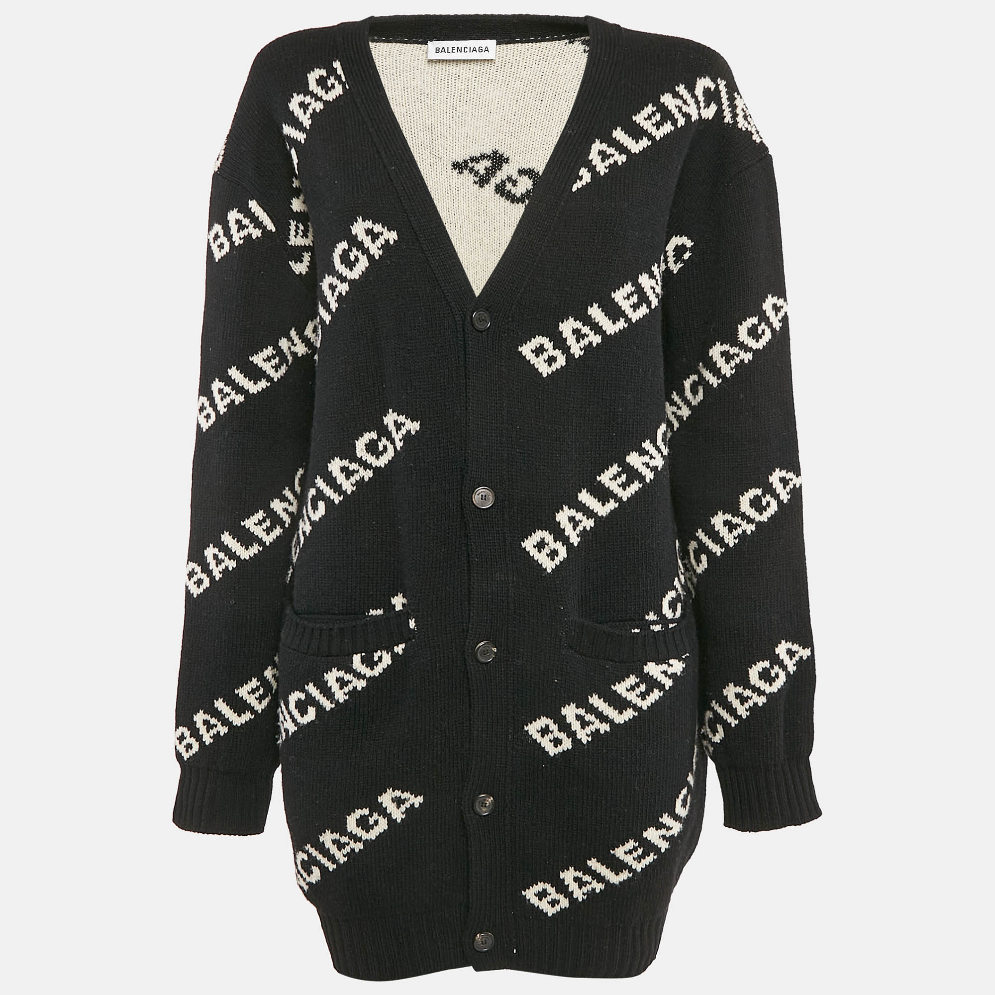 

Balenciaga Black Logo Jacquard Knit Long Archetype Cardigan M