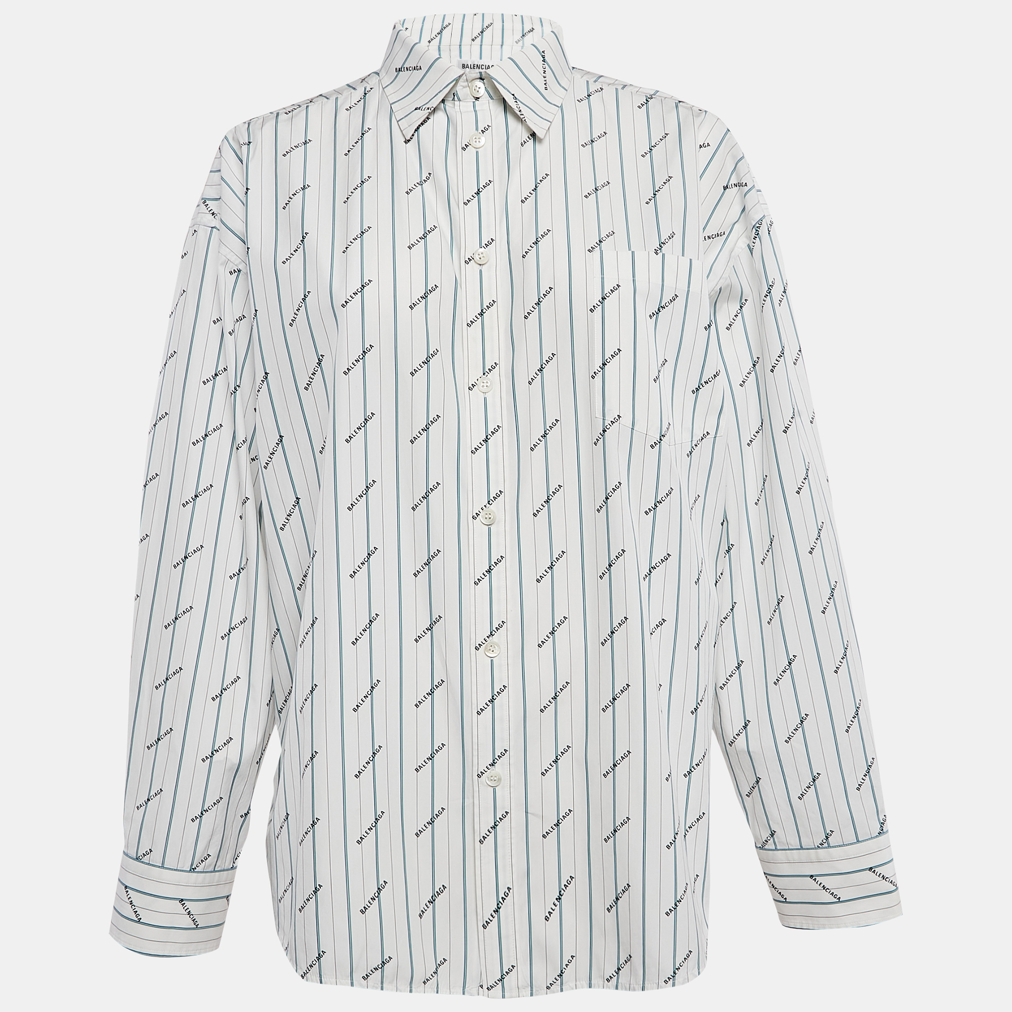 

Balenciaga White Stripe Print Cotton Button Front Oversized Shirt S