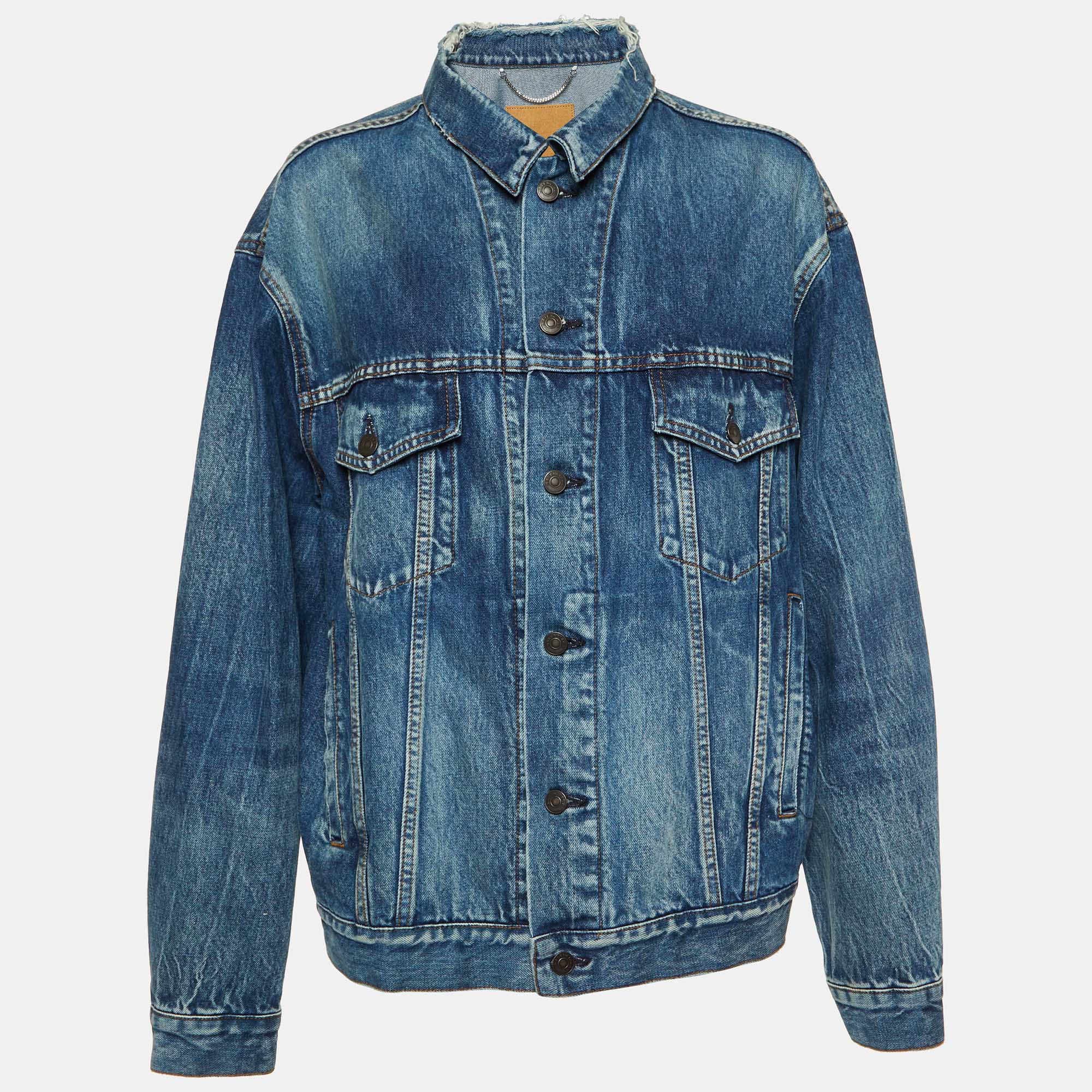 

Balenciaga Blue Denim Distressed Collar Detail Oversized Jacket M