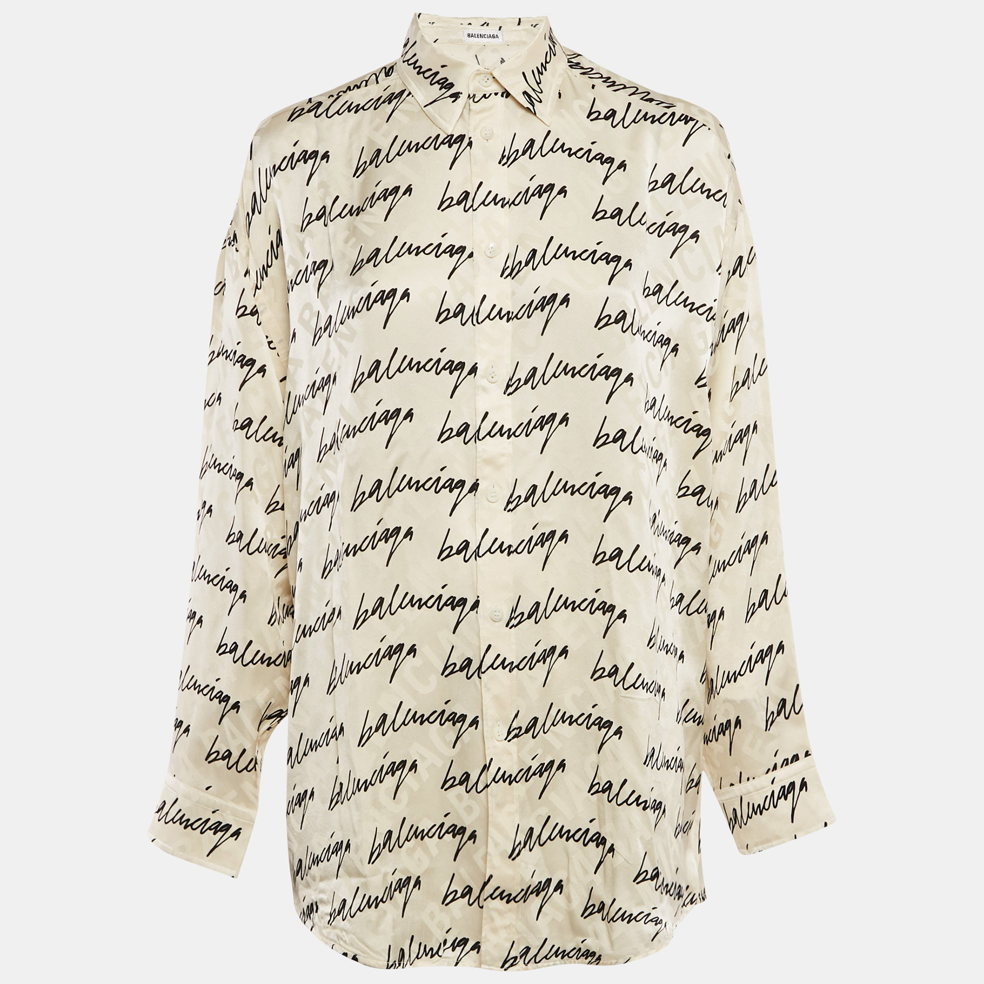 

Balenciaga White Logo Print Jacquard Silk Button Front Blouse S, Cream