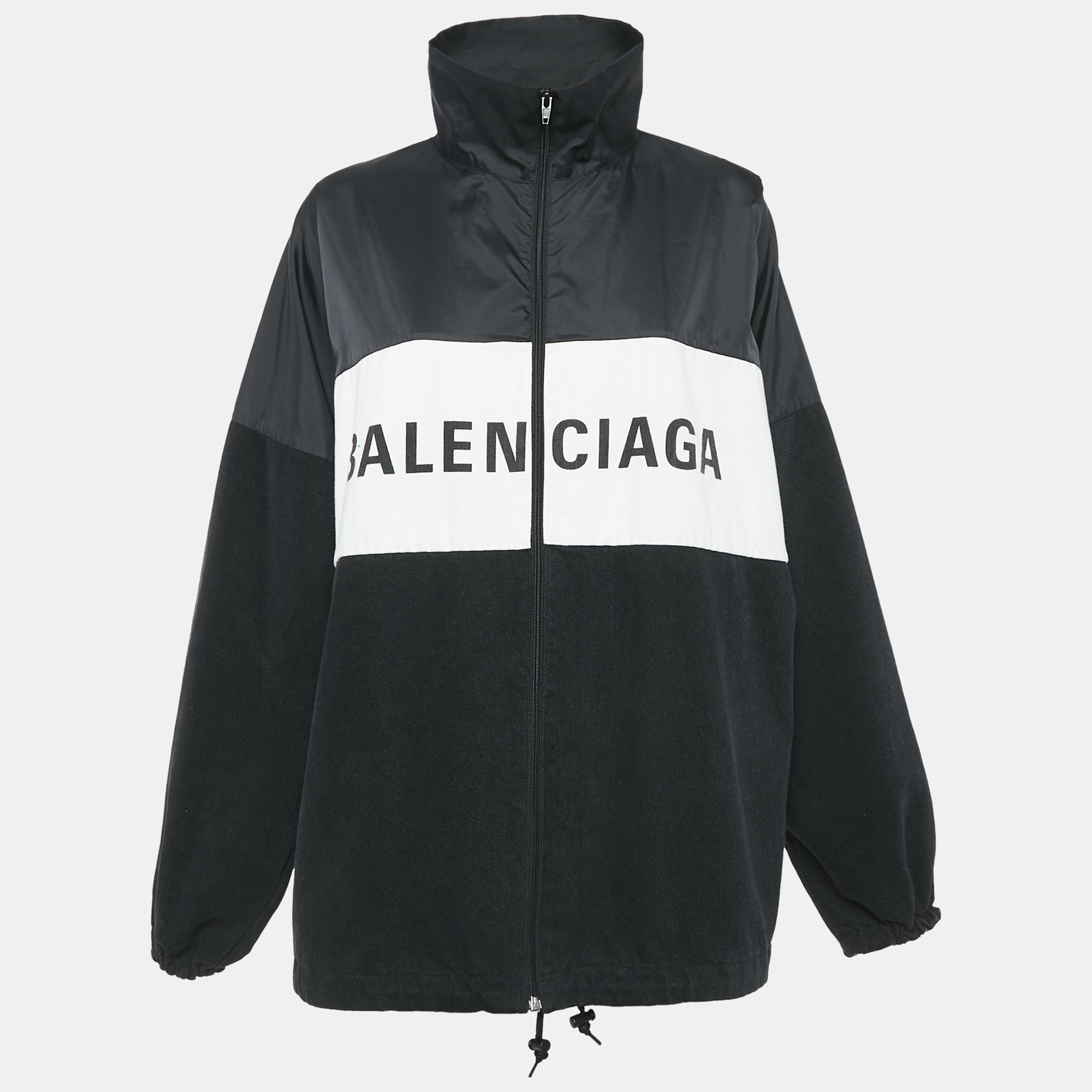 

Balenciaga Black Logo Print Nylon and Denim Zip-Up Oversized Jacket S