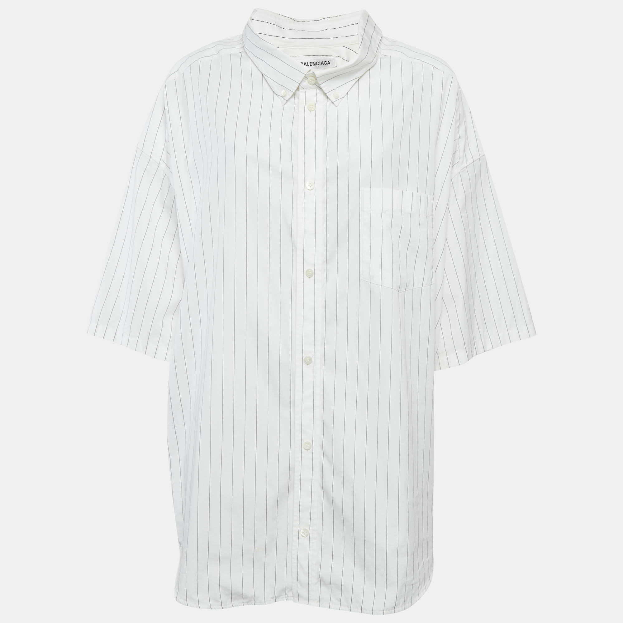 

Balenciaga White Logo Printed Stripe Cotton Button Front Oversized Shirt S