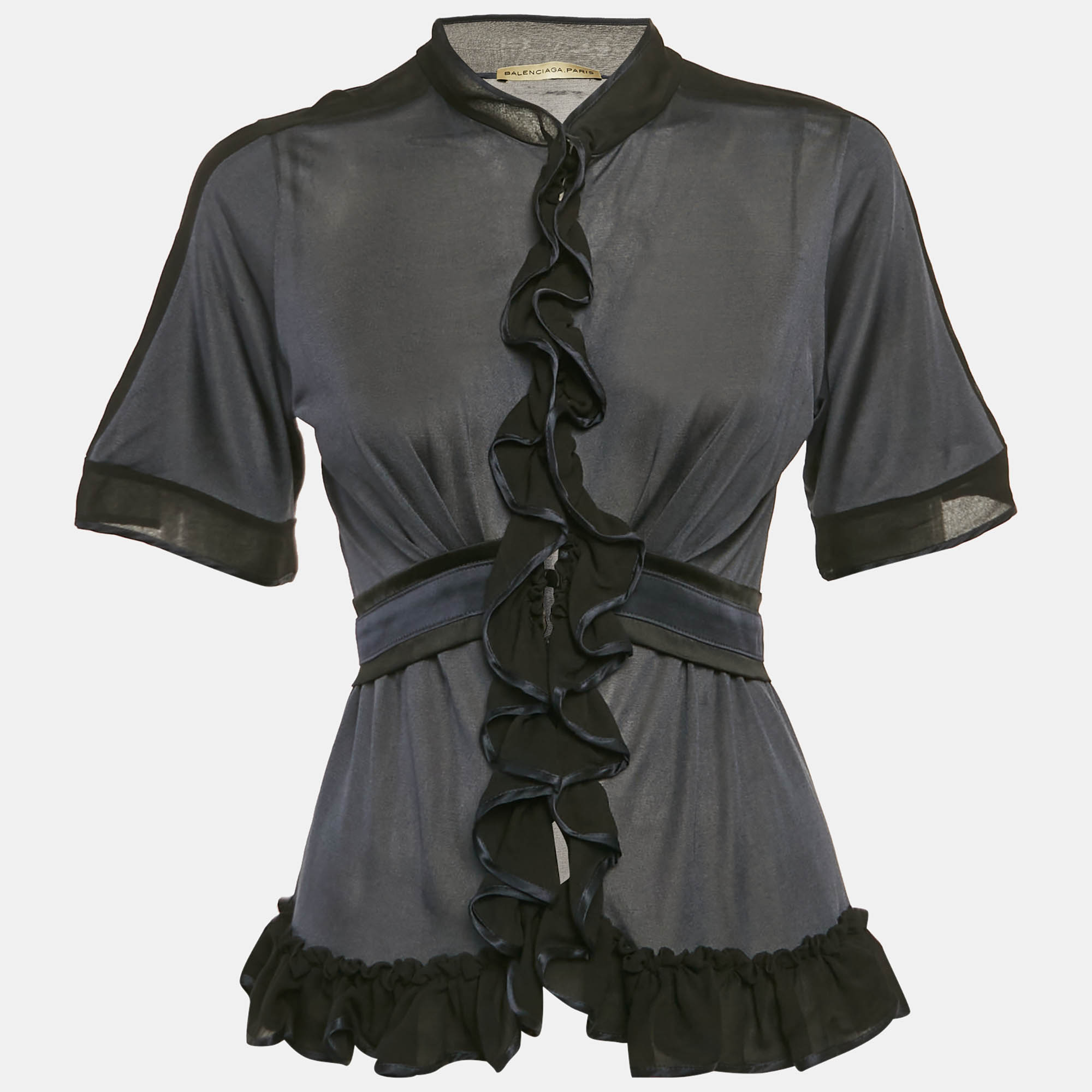 

Balenciaga Navy Blue Silk Jersey Ruffled Top M