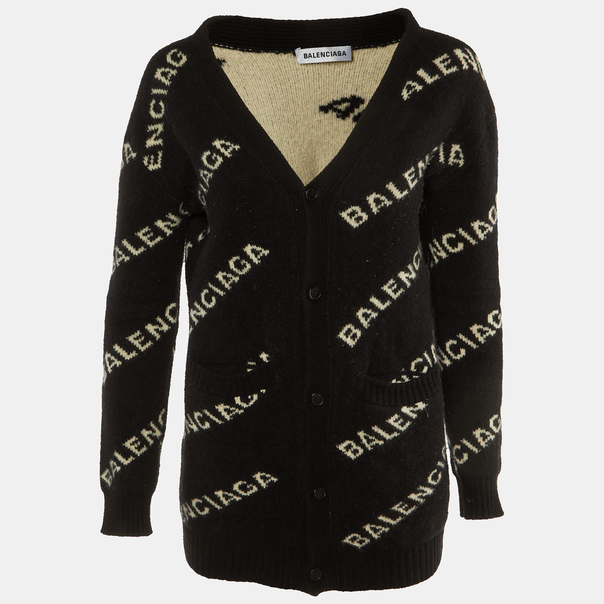 

Balenciaga Black Logo Jacquard Knit Long Archetype Cardigan S
