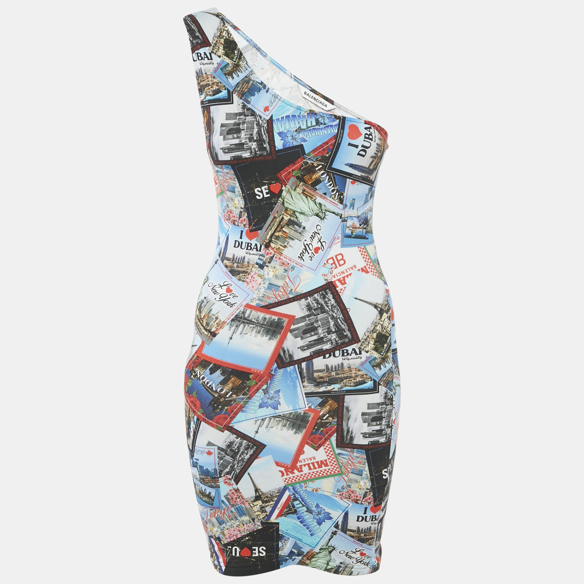 

Balenciaga Multicolor Printed Cotton One-Shoulder Mini Dress M