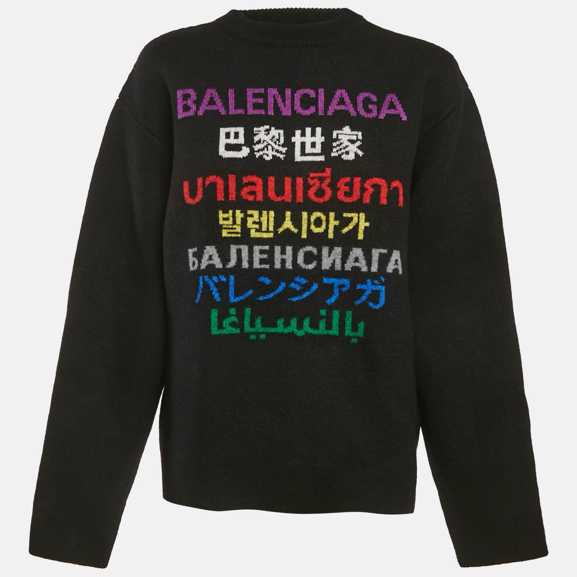 

Balenciaga Black 7 Languages Logo Intarsia Wool Sweater S
