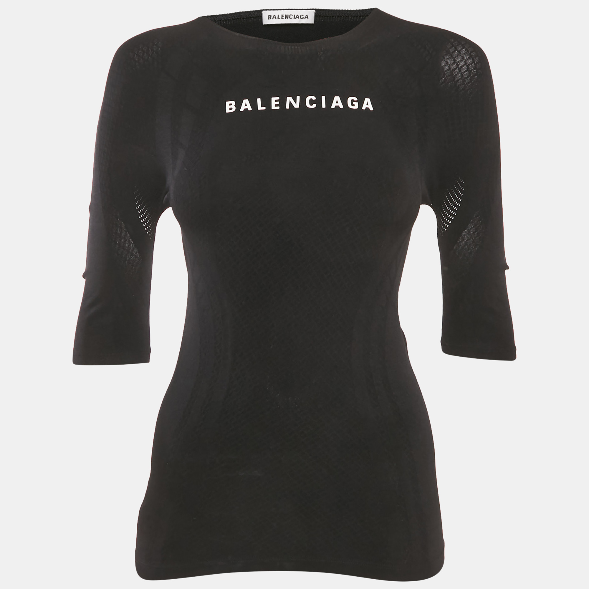 

Balenciaga Black Logo Print Mesh Trim Jersey Fitted Top S
