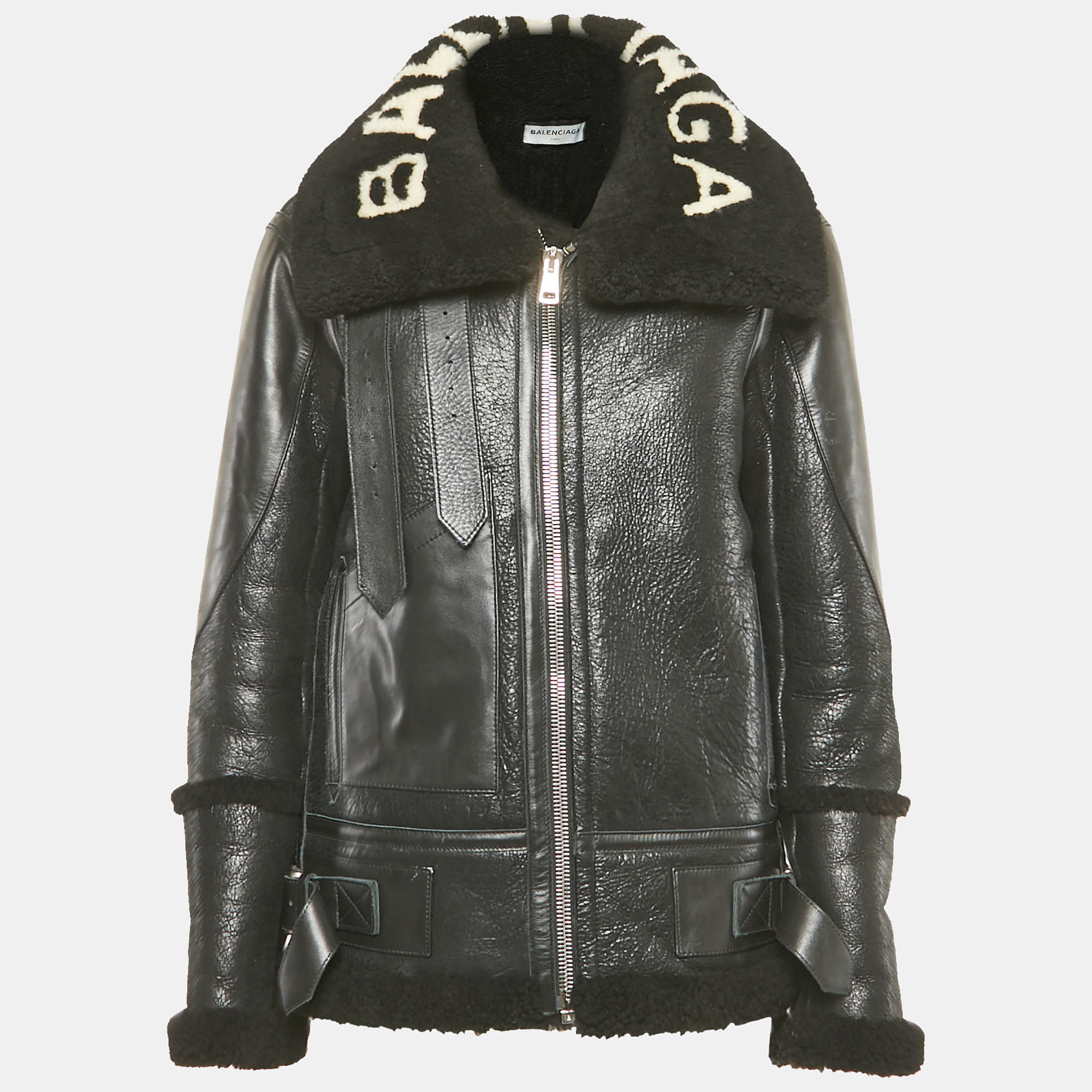 

Balenciaga Black Logo Print Leather and Shearling Oversized Jacket S