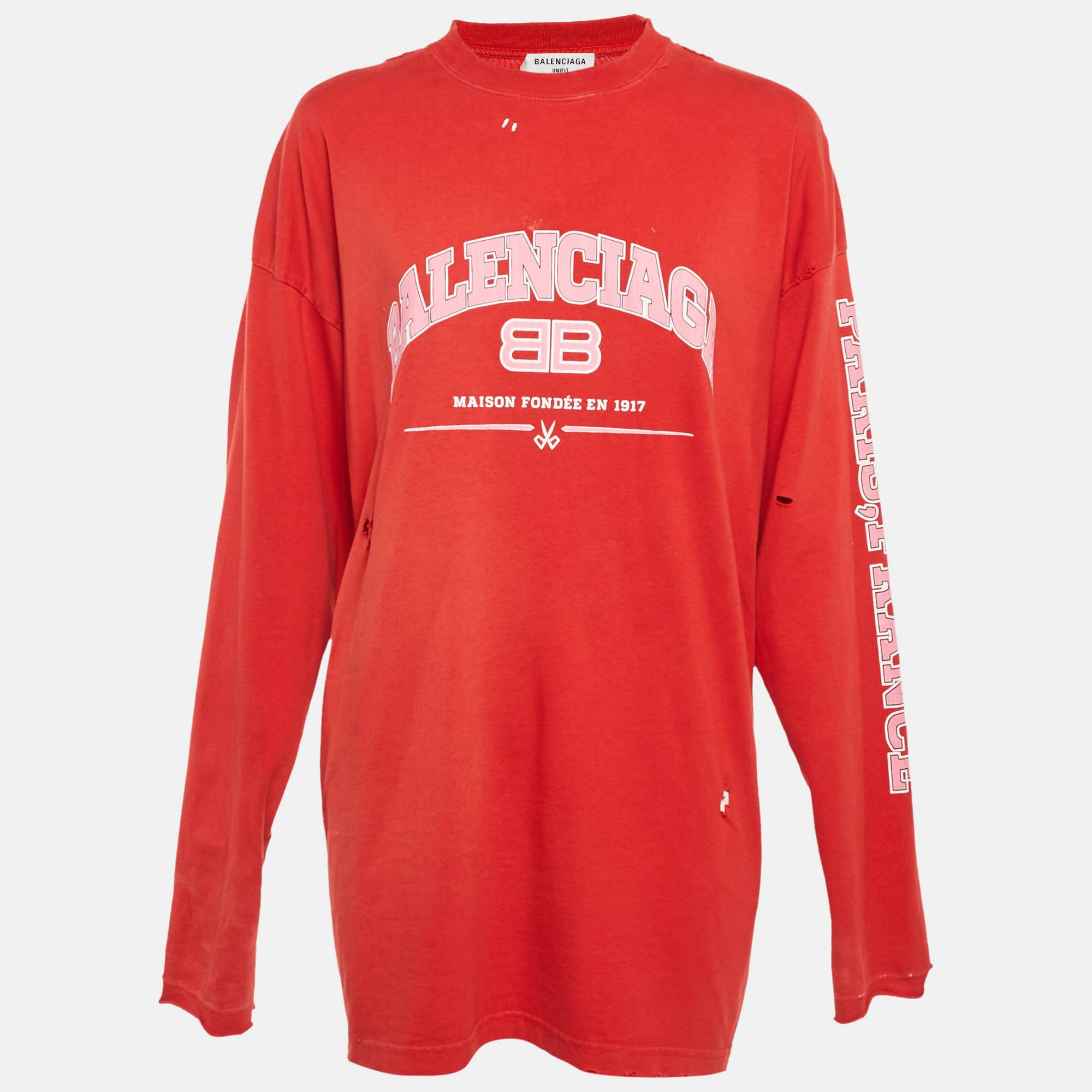 

Balenciaga Unifit Red Logo Print Distressed Oversize T-Shirt L