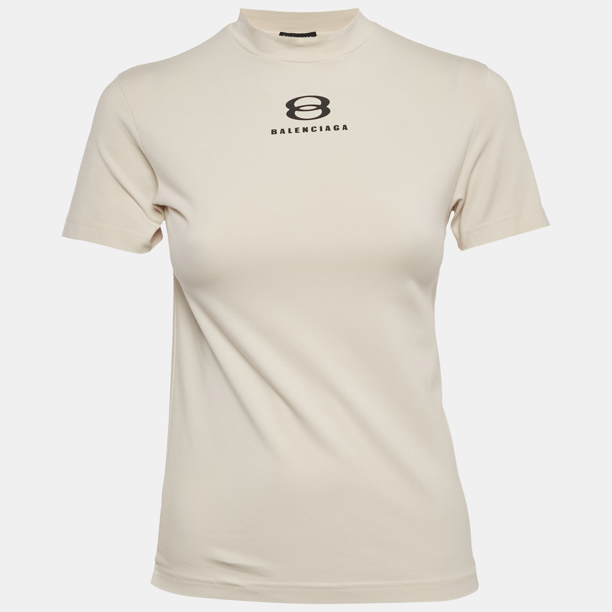 Pre-owned Balenciaga Beige Logo Print Jersey T-shirt S