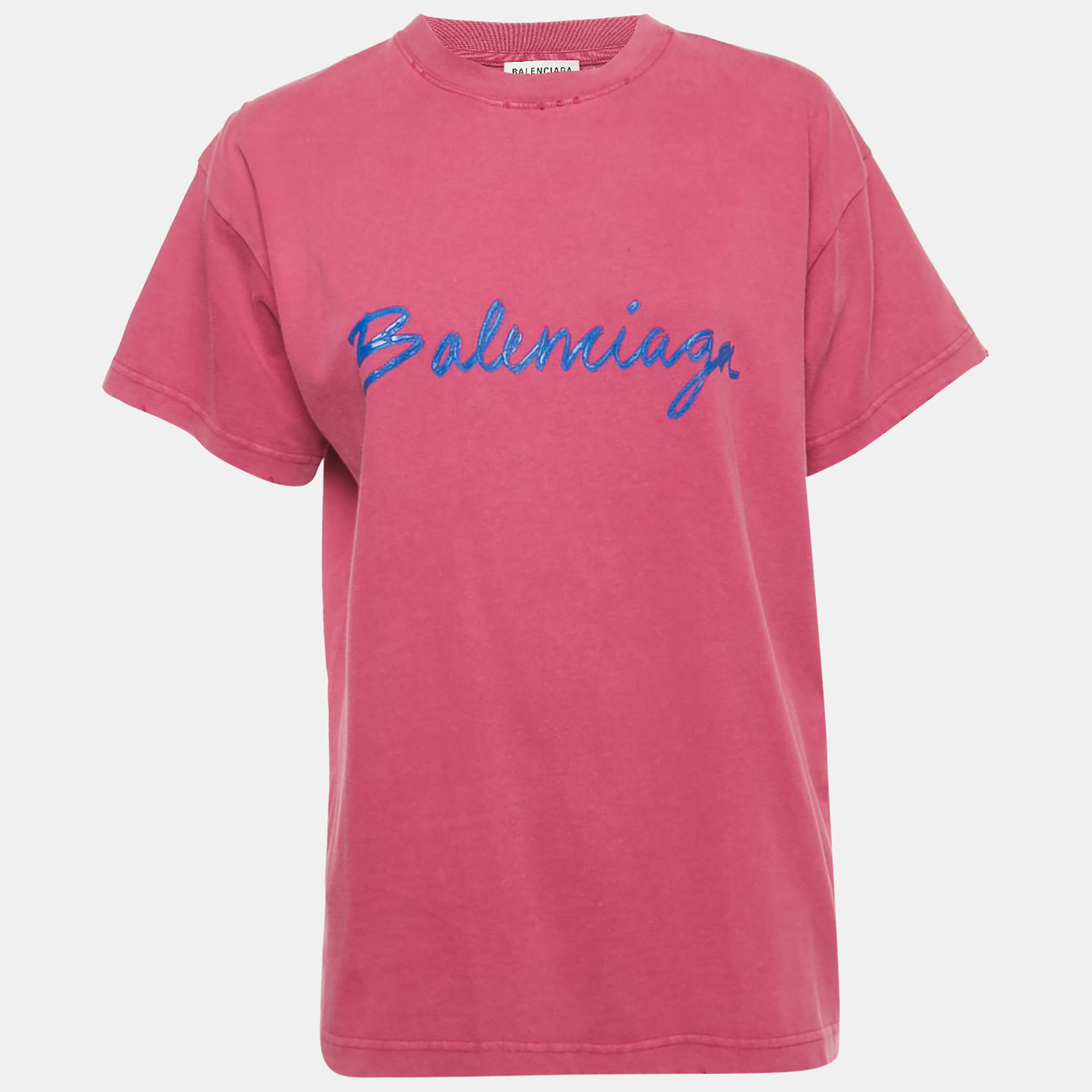 

Balenciaga Pink Logo Print Cotton Distressed T-Shirt