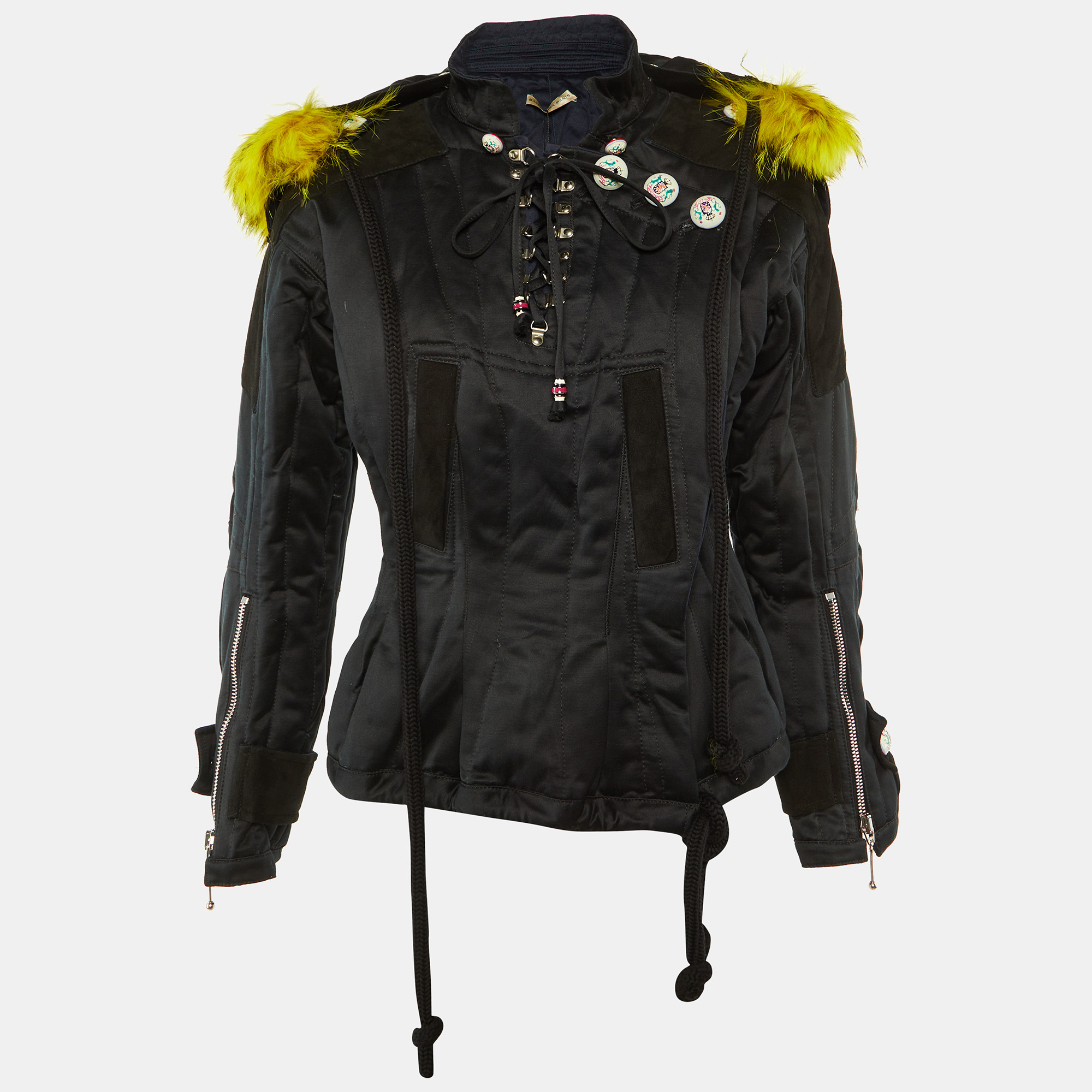

Balenciaga Black Cotton Detachable Fur Hood Button Detail Jacket M