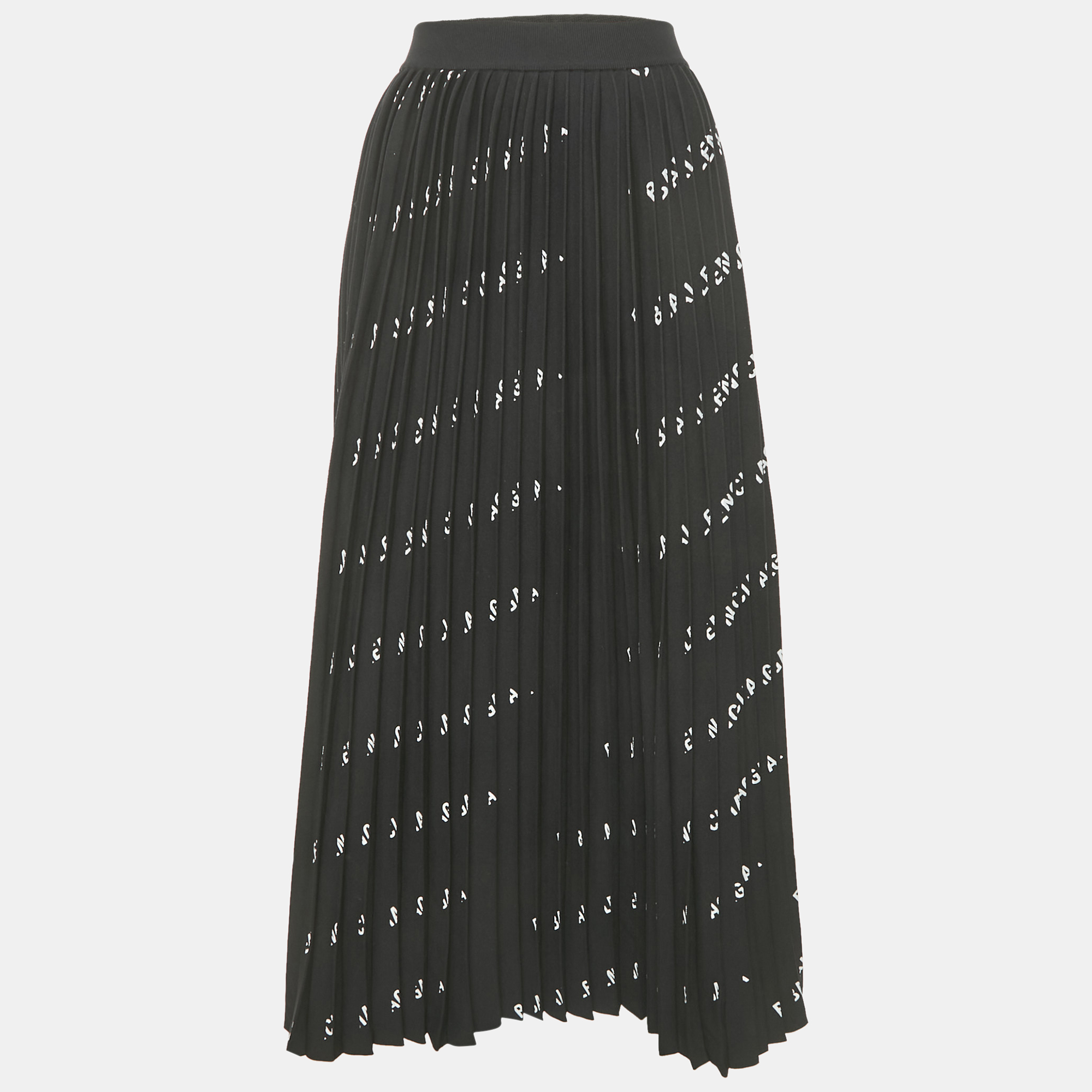 Pre-owned Balenciaga Black All-over Logo Print Knit Pleated Midi Skirt M