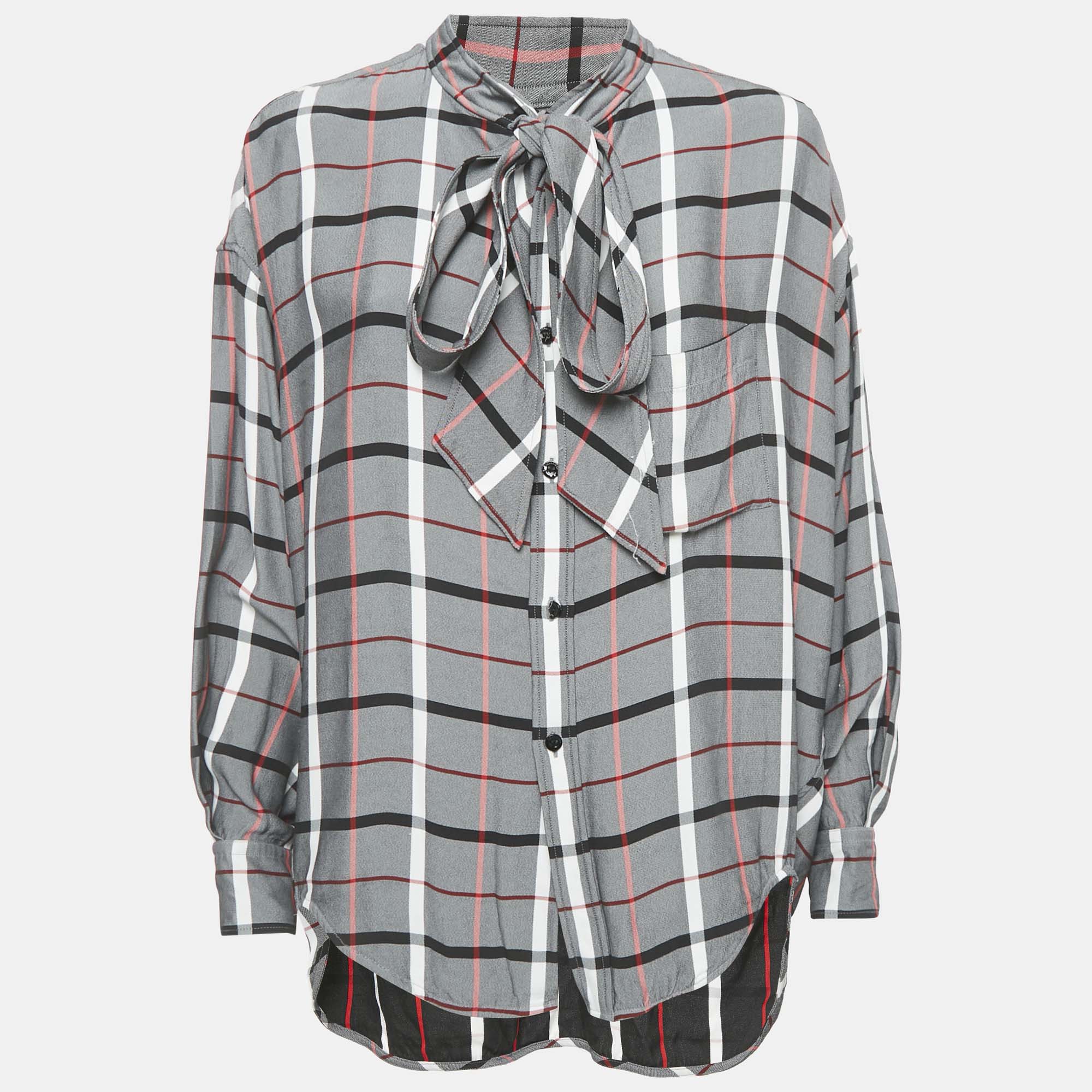 Pre-owned Balenciaga Grey Checkered Print Crepe Front Tie-up Blouse S In Gray