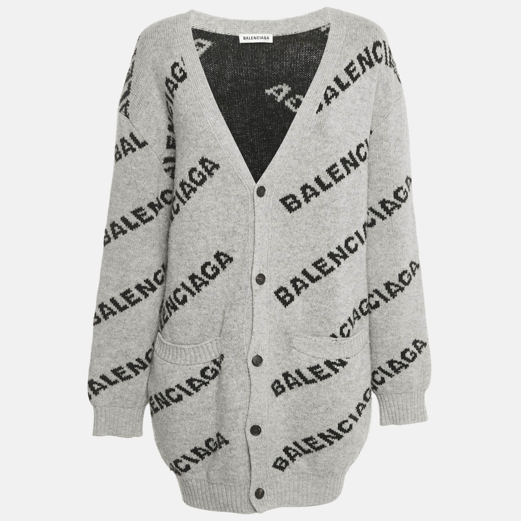 

Balenciaga Grey Logo All Over Wool Knit Cardigan M, Green