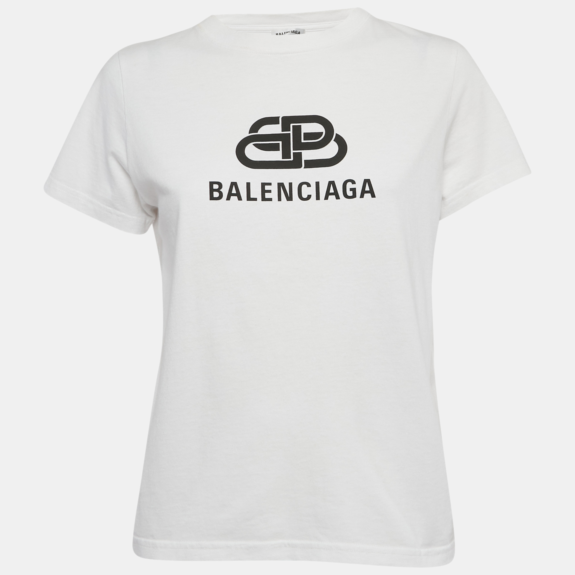 Balenciaga White BB Logo Print Cotton Crewneck-Shirt M