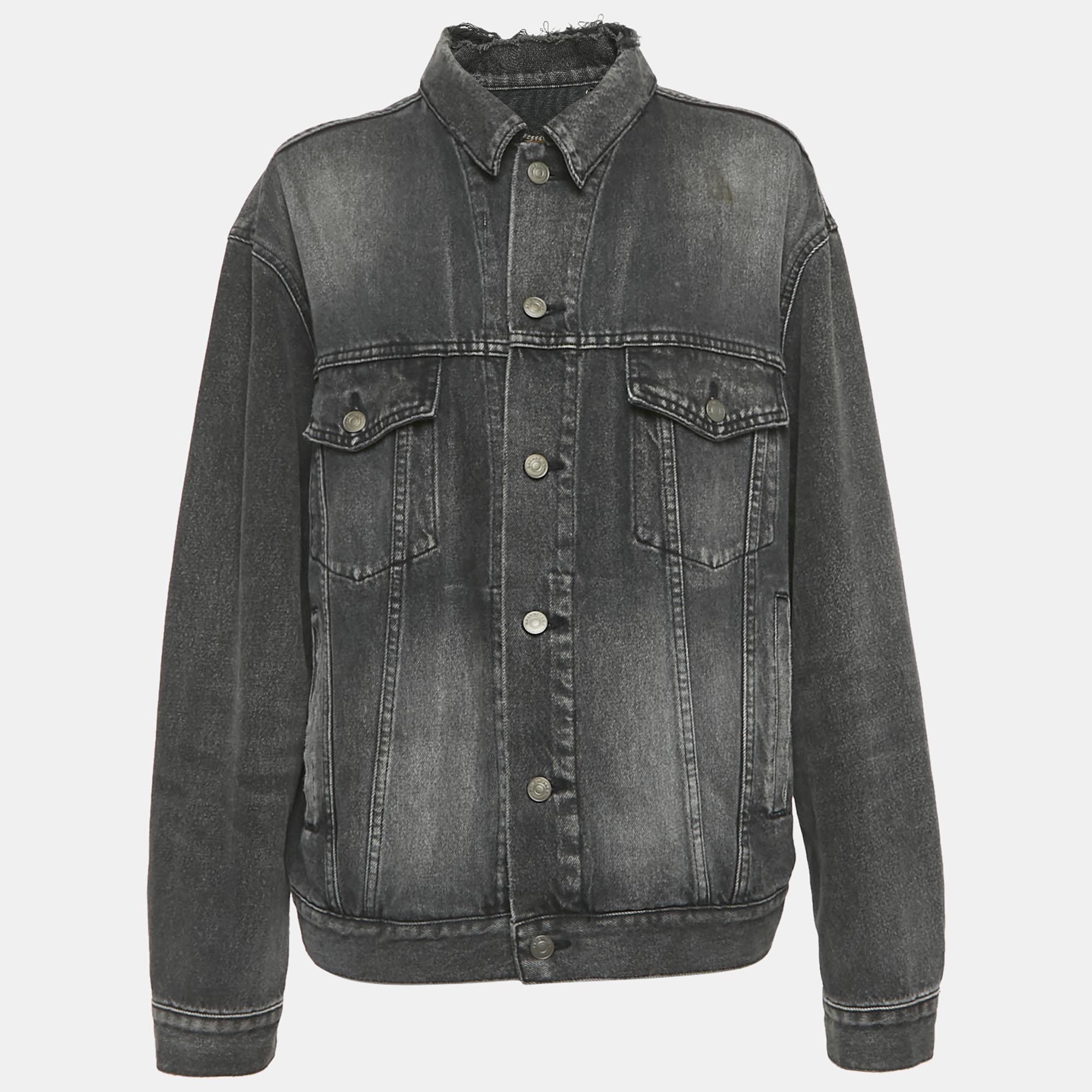 

Balenciaga Black Logo Print Denim Distressed Collar Detail Denim Jacket S