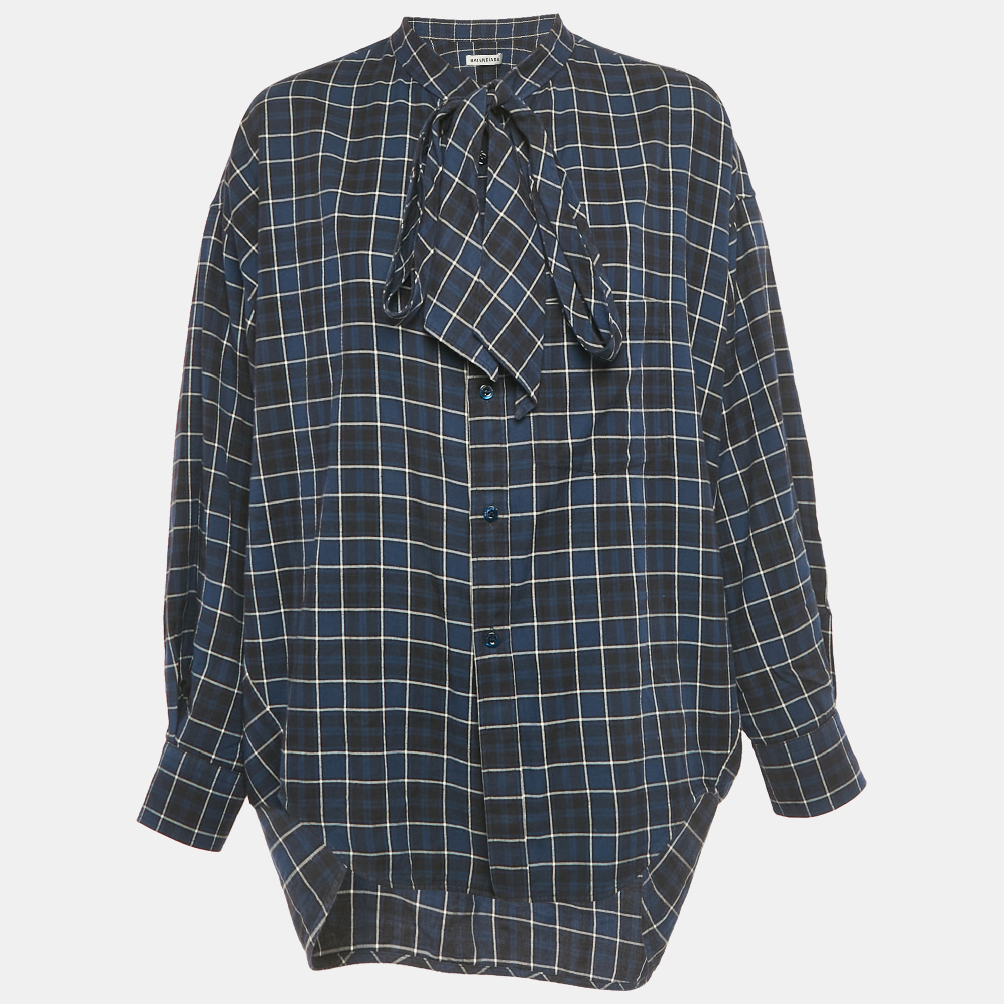 Pre-owned Balenciaga Navy Blue Logo Print Flannel Cotton Oversized Shirt S
