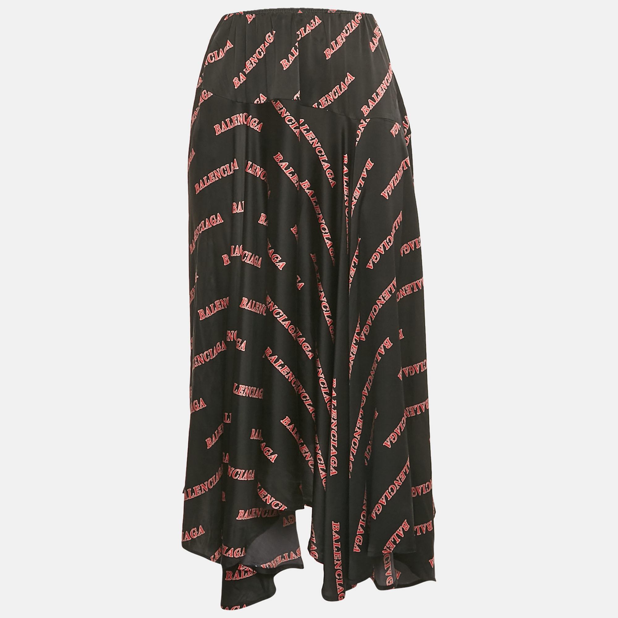 

Balenciaga Black Logo Print Satin Silk Asymmetric Midi Skirt M
