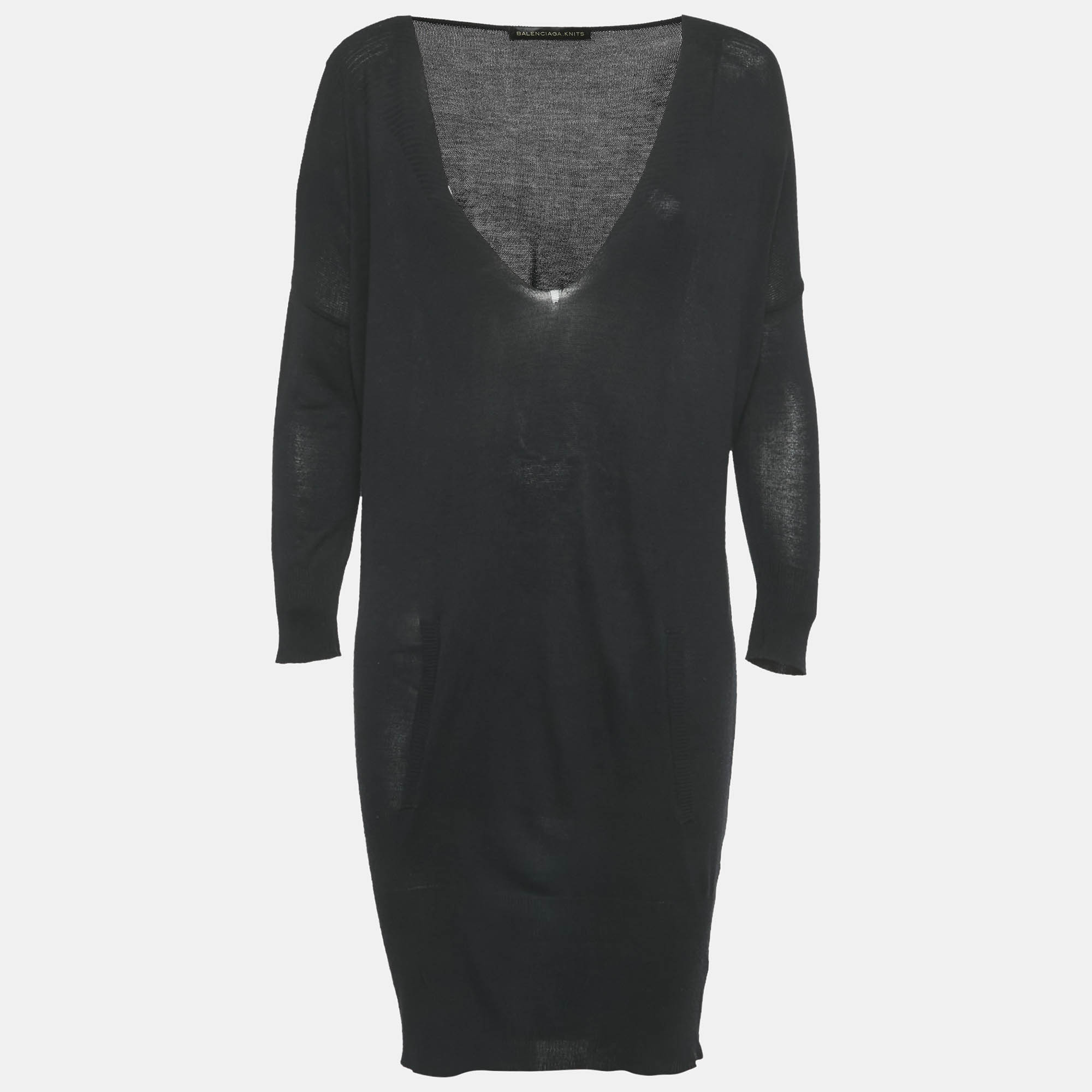 Pre-owned Balenciaga Black Knit V-neck Dress S