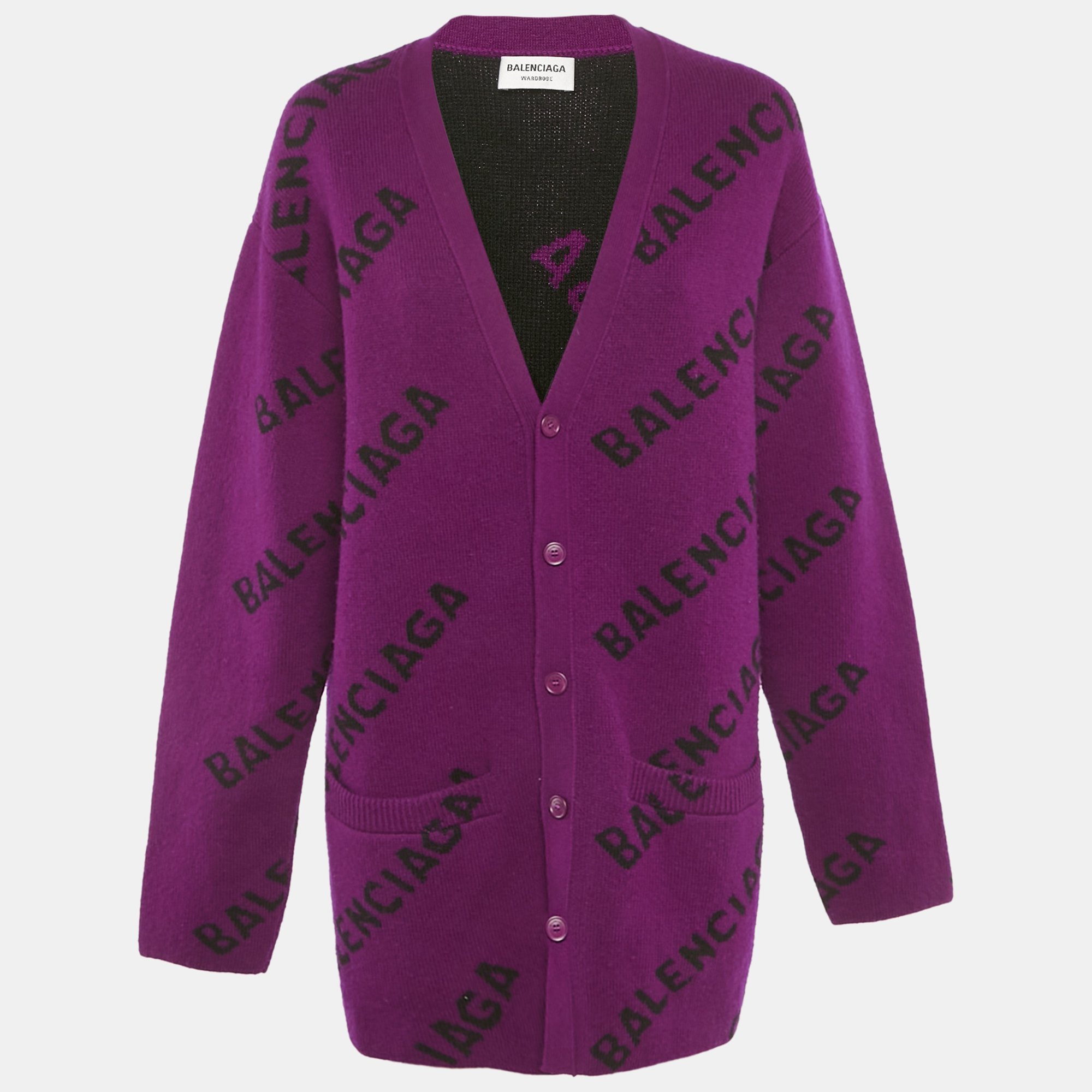 

Balenciaga Wardrobe Purple Logo Intarsia Wool Oversized Cardigan XS