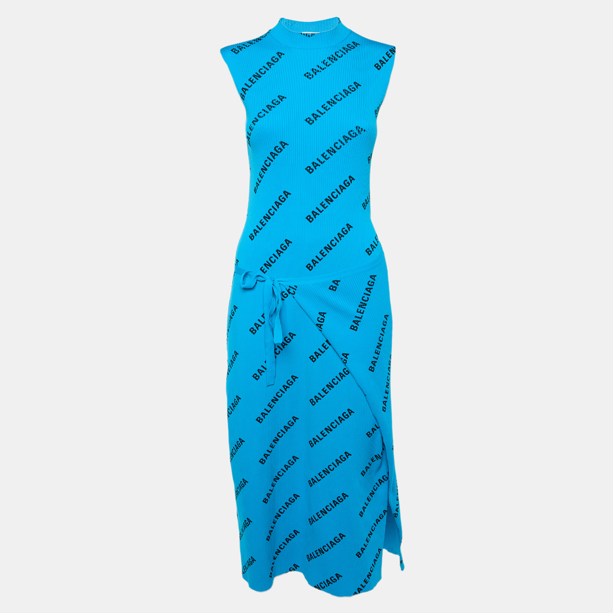 Pre-owned Balenciaga Blue Logo Print Rib Knit Wrapped Midi Dress M