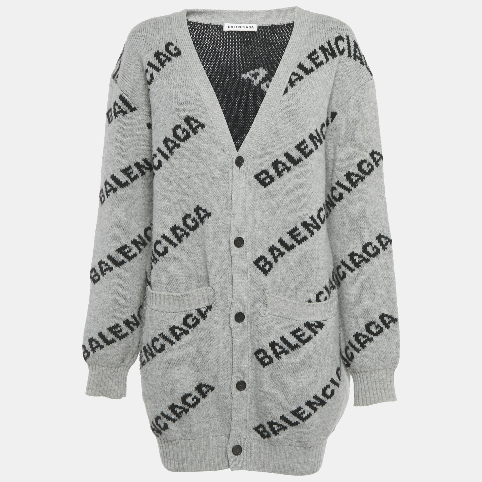 

Balenciaga Grey Logo All Over Wool Knit Cardigan M