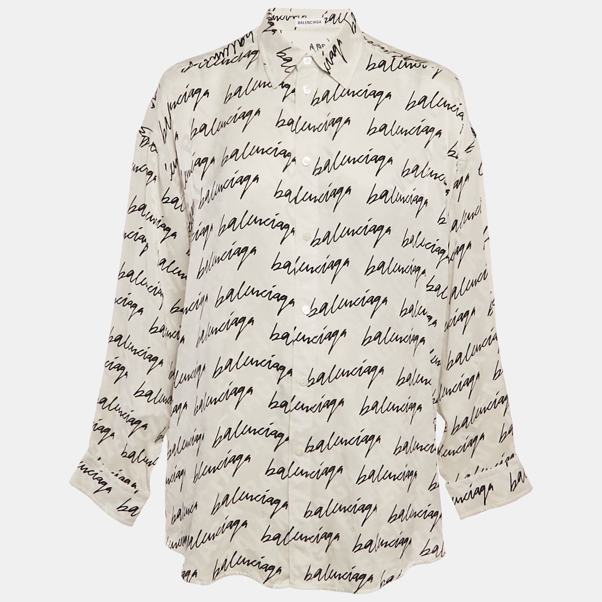 Pre-owned Balenciaga White Logo Scribble Print Silk Loose Fit Shirt M